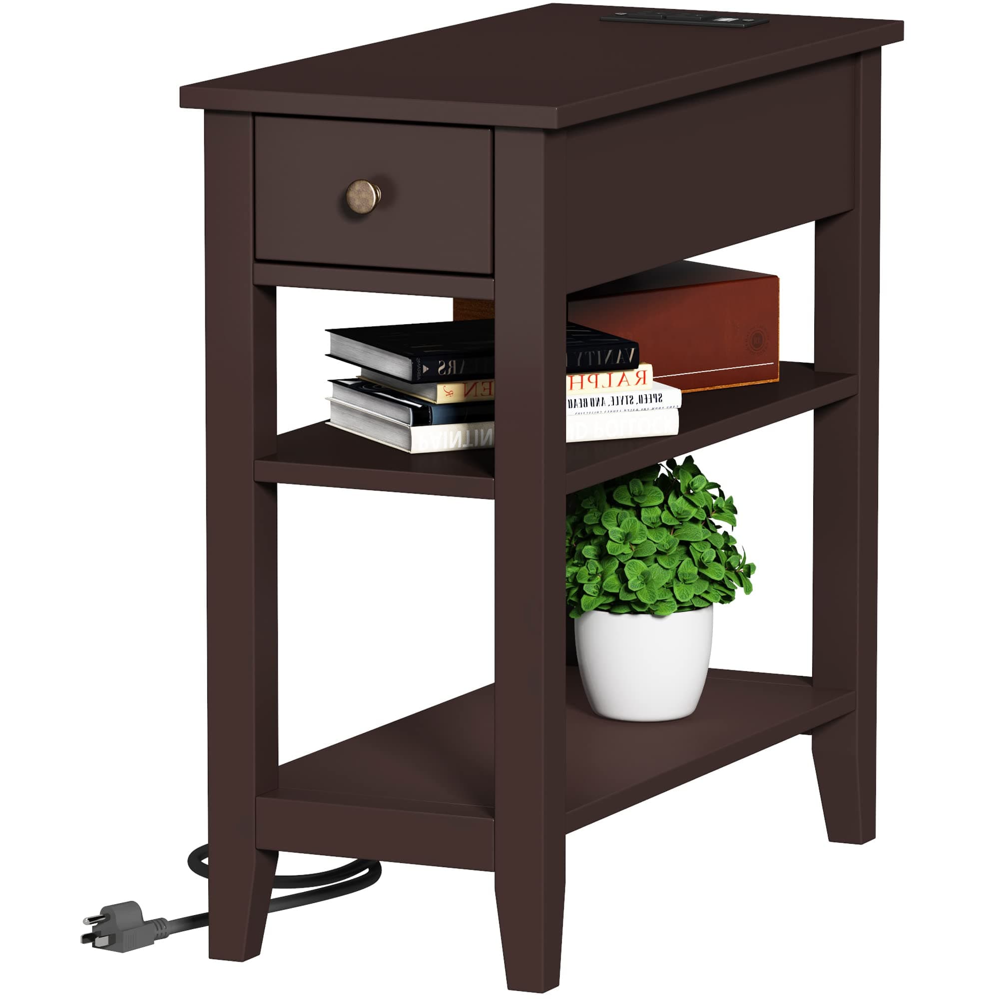 Narrow End Table with Charging Station, Side Table Living Room with USB Ports & Power Outlets and Hidden Drawer, 3-Tier Skinny Nightstand with 2 Open Storage Shelves For Small Place(Espresso)