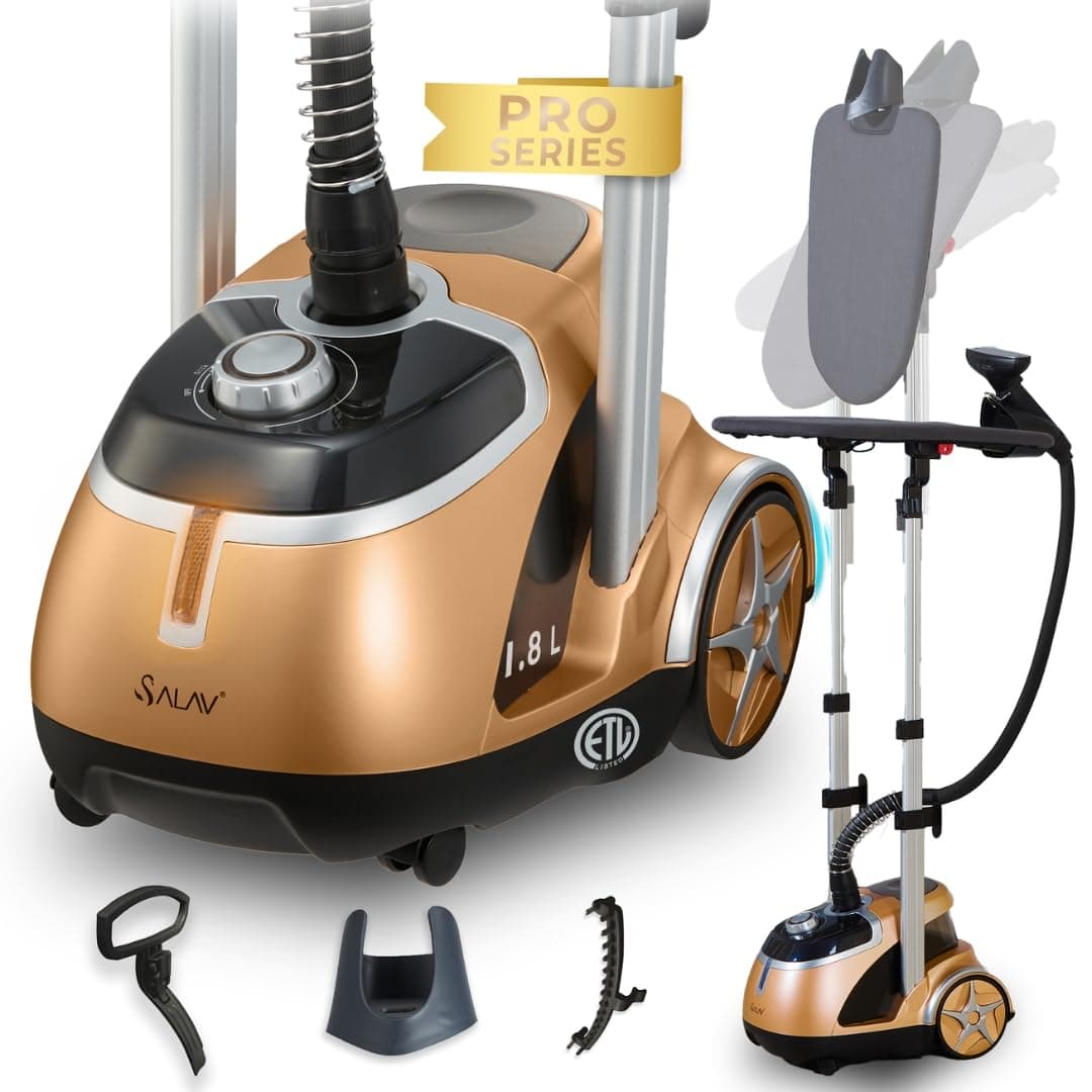 Professional Garment Steamer with Built-in Ironing Board, 1500W Continuous Steam, 4 Steam Settings, Chrome Finish, Stainless Steel Steam Plate, Removable 1.8L Tank, Wheels for Easy Movement