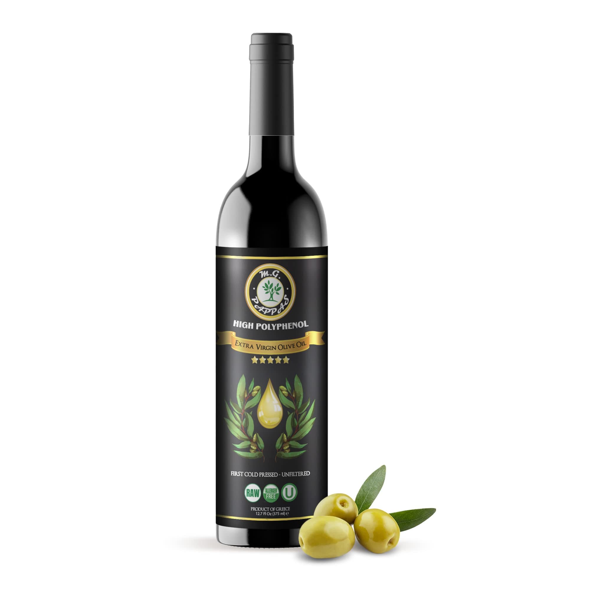 M.G. Pappas Extra Virgin Olive Oil, High Polyphenol EVOO - Cold Pressed & Unfiltered Greek Olive Oil - Over 500mg/kg Polyphenols with High Hydroxytyrosol - Award-Winning Organic Quality - 12.7oz