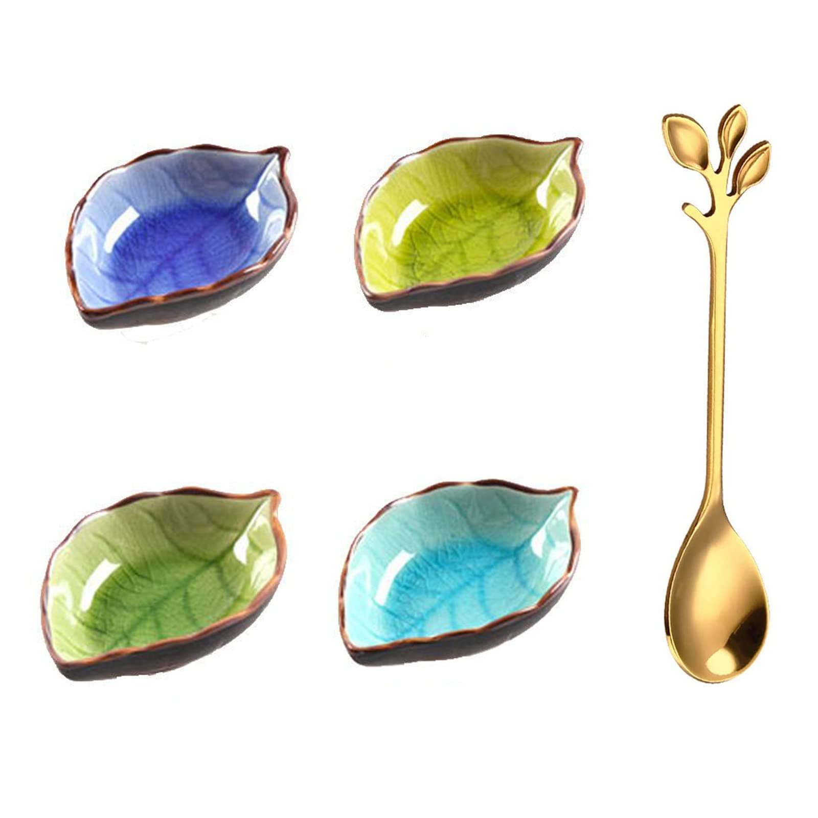4 Pcs Ceramic Sauce Dishes Dip Bowls with Spoon Leaf-Shape Mini Bowl Set Dish Tableware Condiment for Sushi Tomato Sauce, Soy, BBQ-Chip and Serving Bowl Set