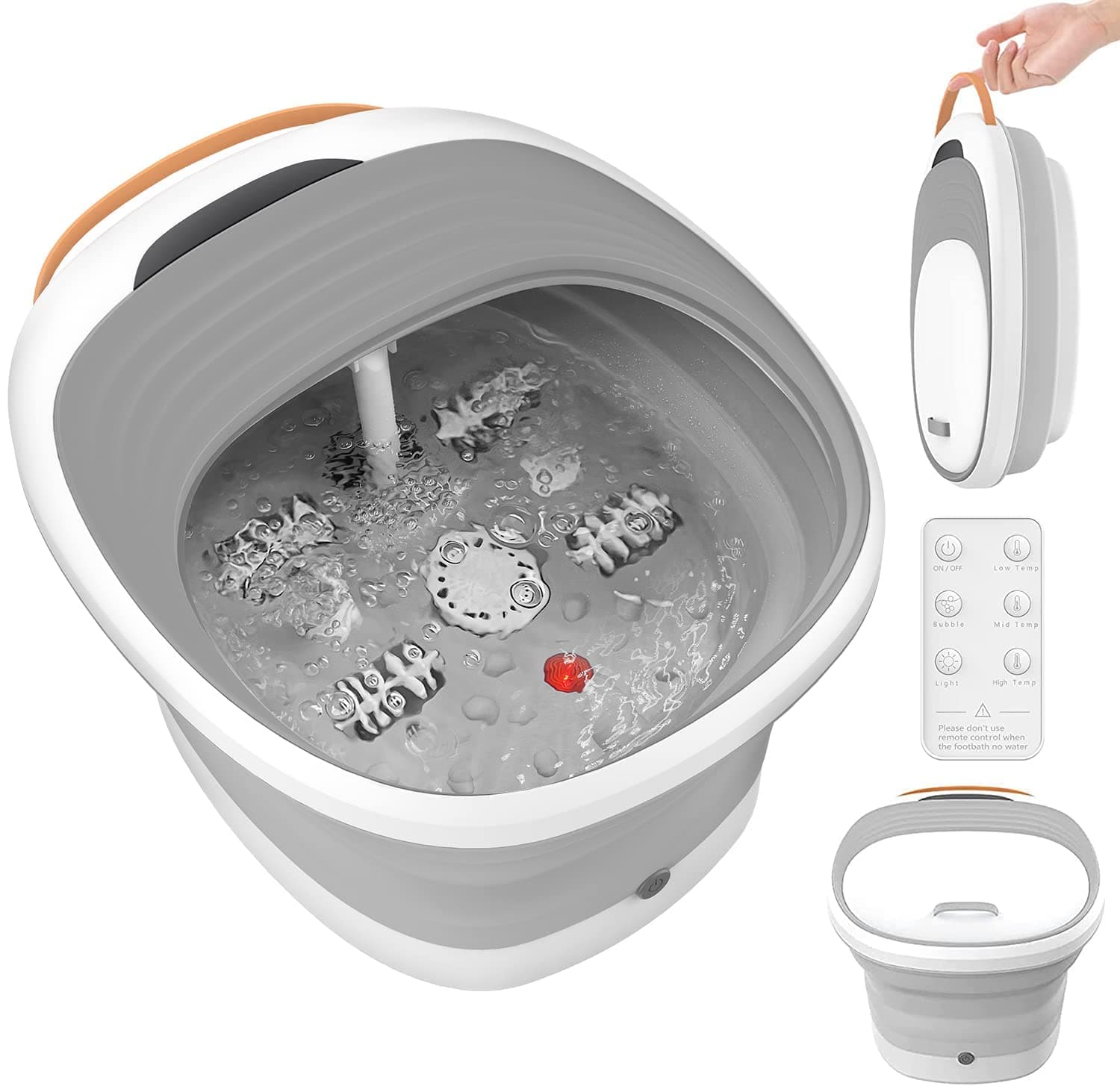 Foot Spa Foot Bath Massager with Heat, Bubbles, Vibration, Red Light, Collapsible Pedicure Foot Soaker w/Remote Control, Removable Massage Rollers, Water Electricity Separation, for Tired Feet Relief