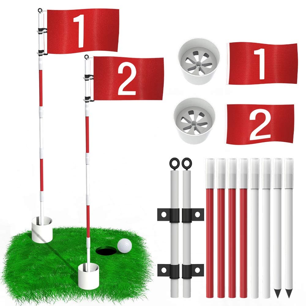 2 Pack Golf Flag Golf Holes and Flags for Garden Indoor Yard Putting Green Golf Hole Cup and Flag for Putting Practice Upgrade Anti-Rust Glass Fiber 5-Section Design with Connectors