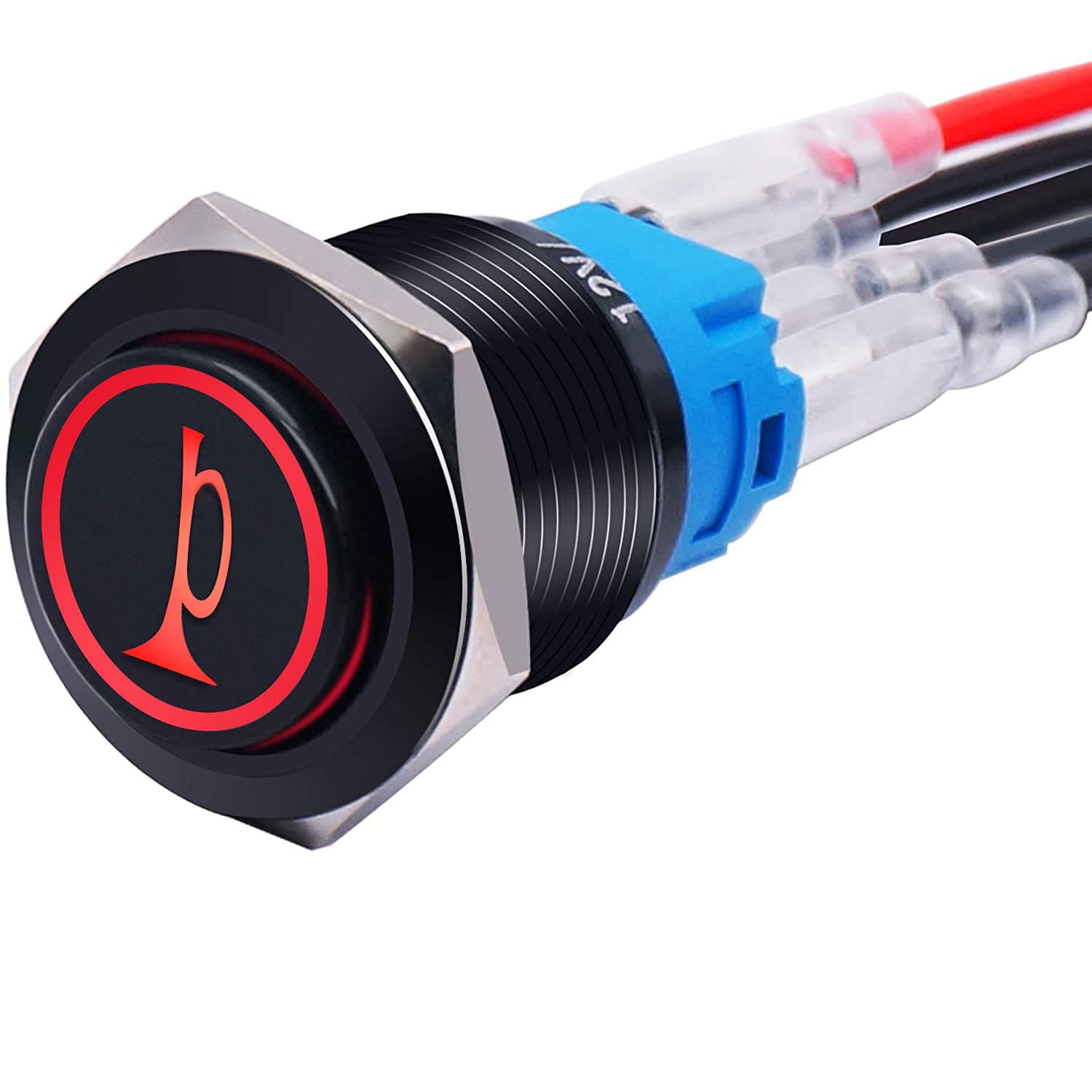 mxuteuk 19MM Raised Speaker Horn Momentary Push Button Switch 3/4" Mounting Hole 12V Red Led Light Black Stainless Steel Shell 1NO 1NC SPDT with Pre-wiring Wires Switch For Car Modification BKG19LB-R