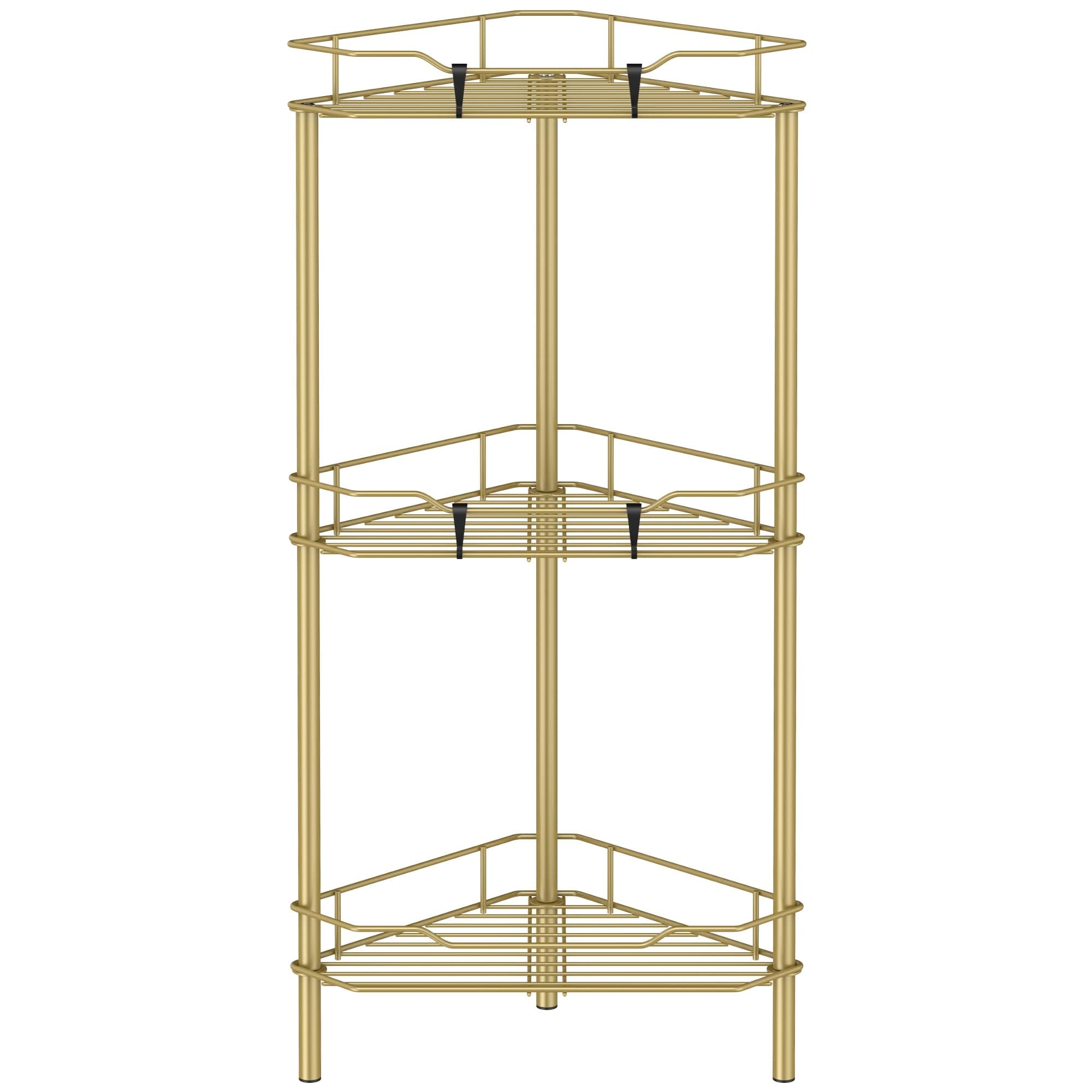 HuggieGems 3 Tier Floor Standing Corner Shower Caddy Organizer Shelf with Hooks, Bathroom Shelves Stand Rack, Gold