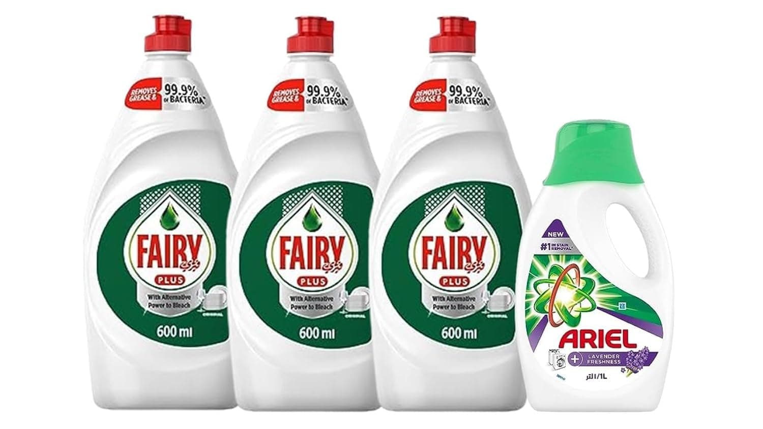 Plus Original Dishwashing Liquid Soap With Alternative Power To Bleach, 3 X 600 Ml + (FREE) Ariel Lavender Laundry Detergent Liquid Gel 1L