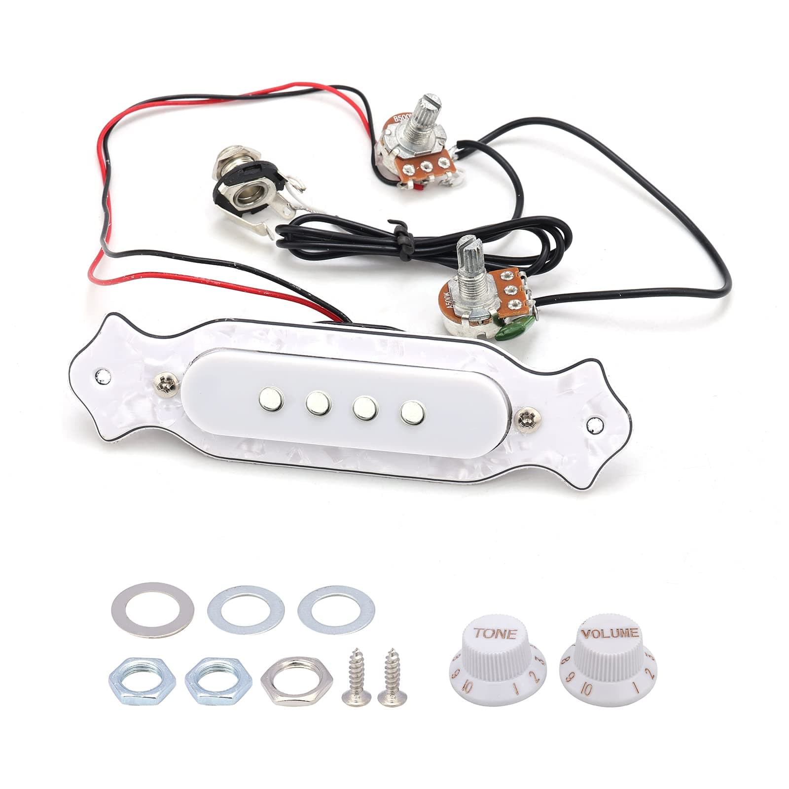 Prewired 4 String Guitar Single Coil Soundhole Pickup Wiring Harness for Cigar Box Guitar, with Volume Tone Pots and Knobs
