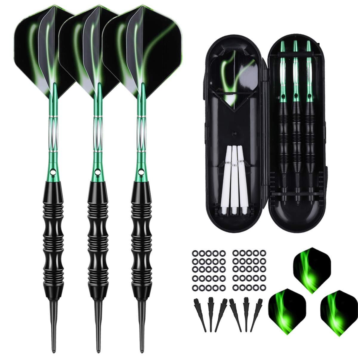 Professional Soft Tip Darts Set 20 Grams - 50 Rubber O-Rings + 30 Darts Plastic Tip + Aluminum Shafts + 6 Standard Flights + Portable Case for Electronic Dart Board