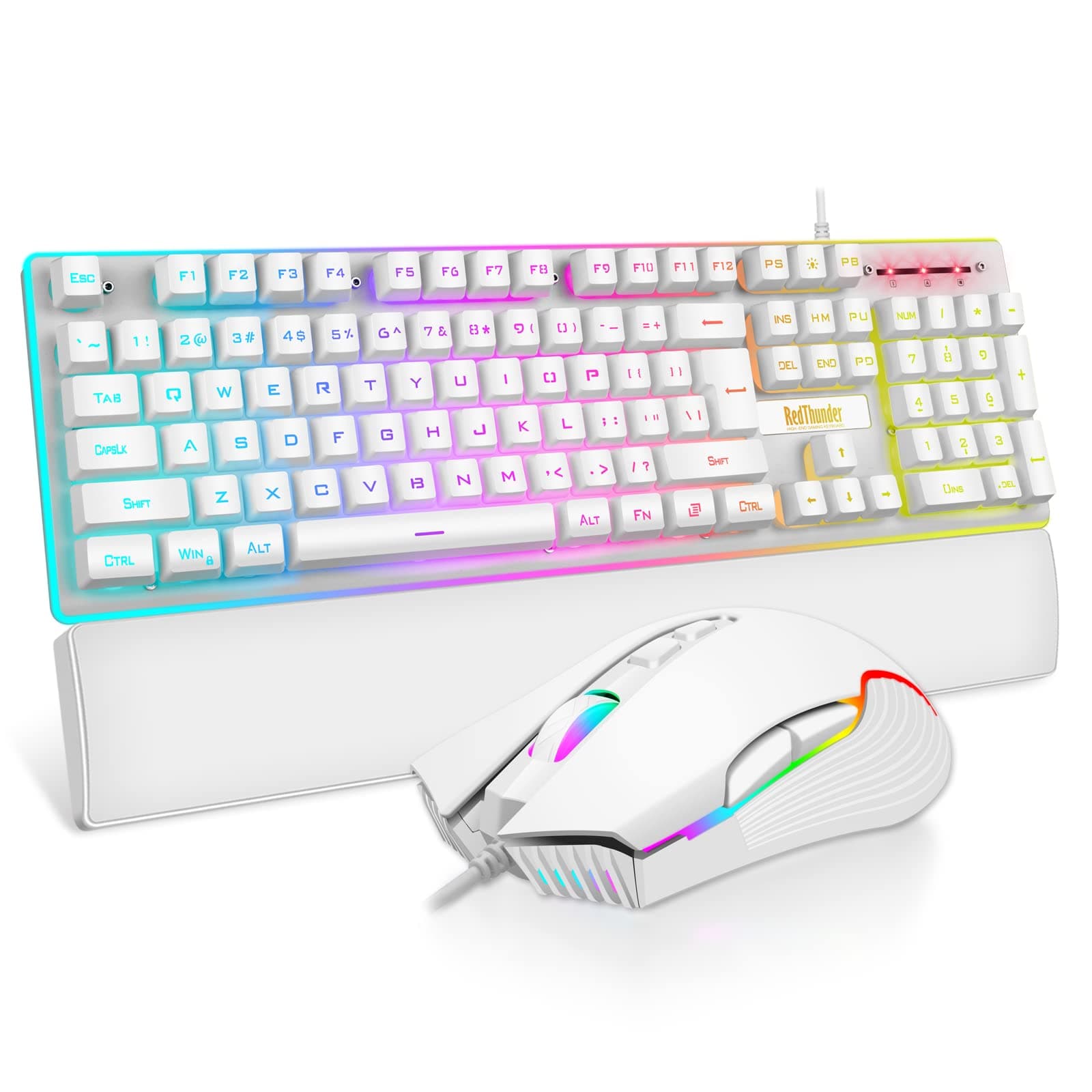 K10 Wired Gaming Keyboard and Mouse and Wrist Rest Combo, RGB Backlit, Mechanical Feel Anti-ghosting Keyboard + 7D 7200 DPI Mice+Soft Leather Wrist Rest 3 in 1 PC Gamer Accessories(White)