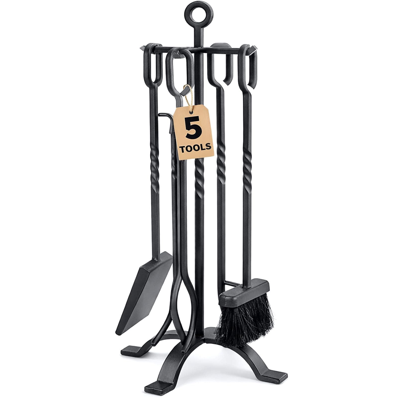 Amagabeli 5 Pieces Fireplace Tools Sets Wrought Iron Indoor Fireplace Set with Poker Tongs Broom Shovel Stand Fire Tools Outdoor Rustic Fire Poker Set Fire Place Hearth Accessories Sets Antique Pewter