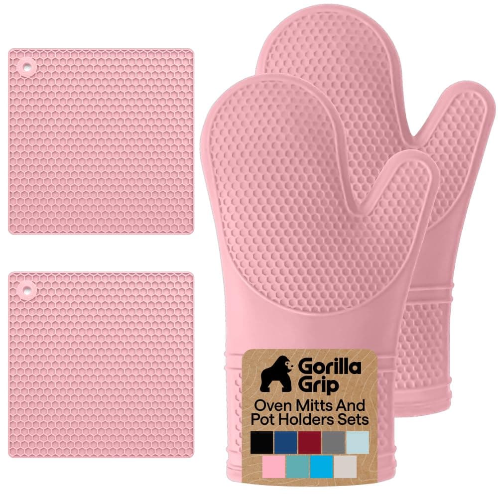 BPA-Free Soft Silicone Oven Mitts and Pot Holders Sets of 4, Heat Resistant Waterproof Cooking Gloves, Thick Cotton Lining, Flexible Gripping for Baking Grilling, Kitchen Trivets, Pink