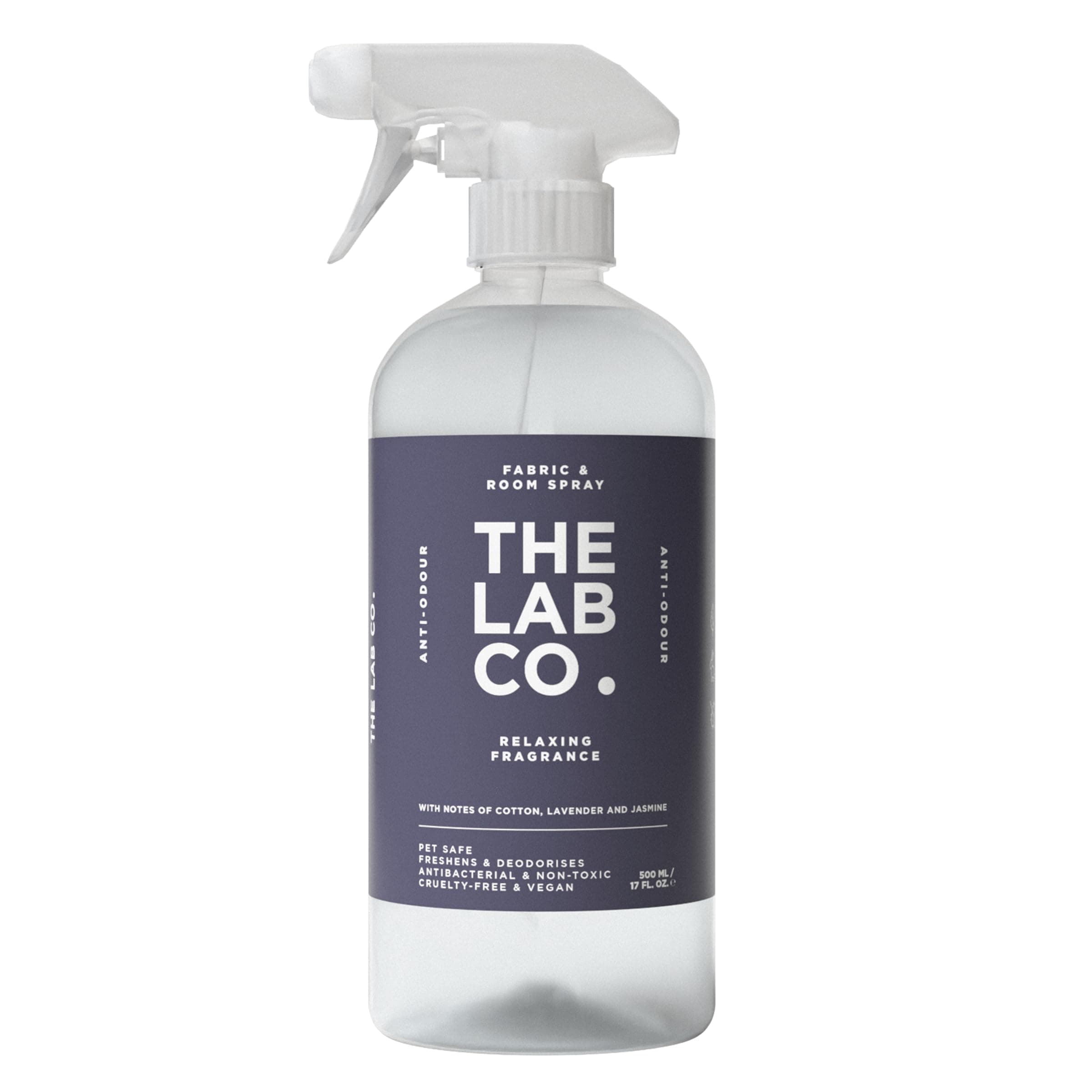 The Lab Co. Fabric & Room Spray | Eliminates Bad Odours | Neutralises Nasty Smells | Anti-Bacterial | Relaxing Fragrance with Lavender Cotton Jasmine Essential Oils | 500ml