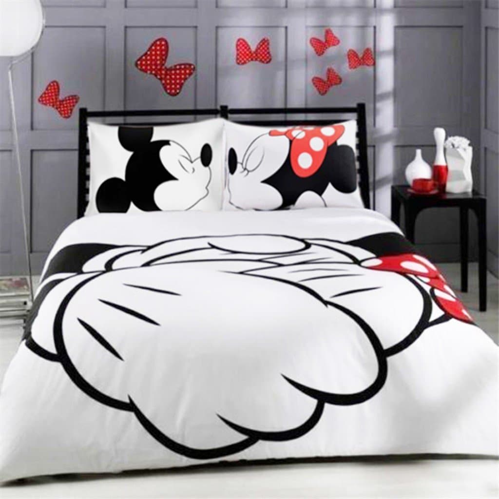 Microfiber Reversible Printing Mickey Mouse Couples Duvet Cover 3PCS Bedding Set with Zipper Closure - Ultra Soft Lightweight and Easy Care, Queen