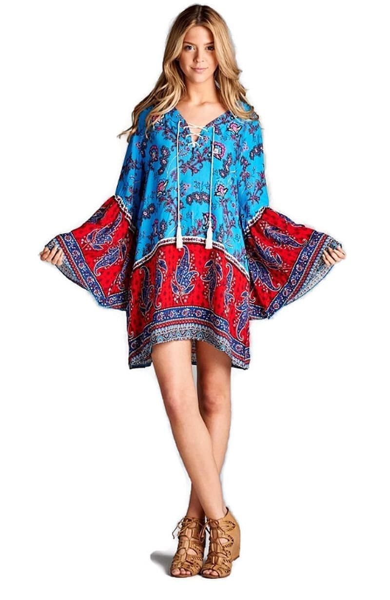 Bell Sleeve Paisley Print Tunic Dress Boho Chic Plus Size (1X, Turquoise/Red)