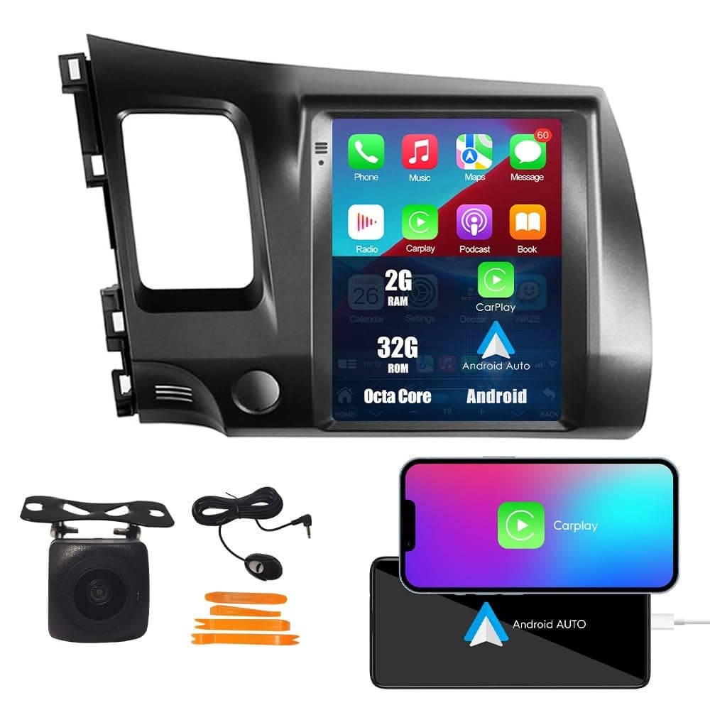 Kunfine Tesla Style Car CarPlay Android Auto Navigation Stereo GPS Radio Reverse Camera 9.7" IPS Touchscreen Headunit Tablet Media Player for Honda Civic 2004-2011, if Applicable Octa Core 2G+32G MT