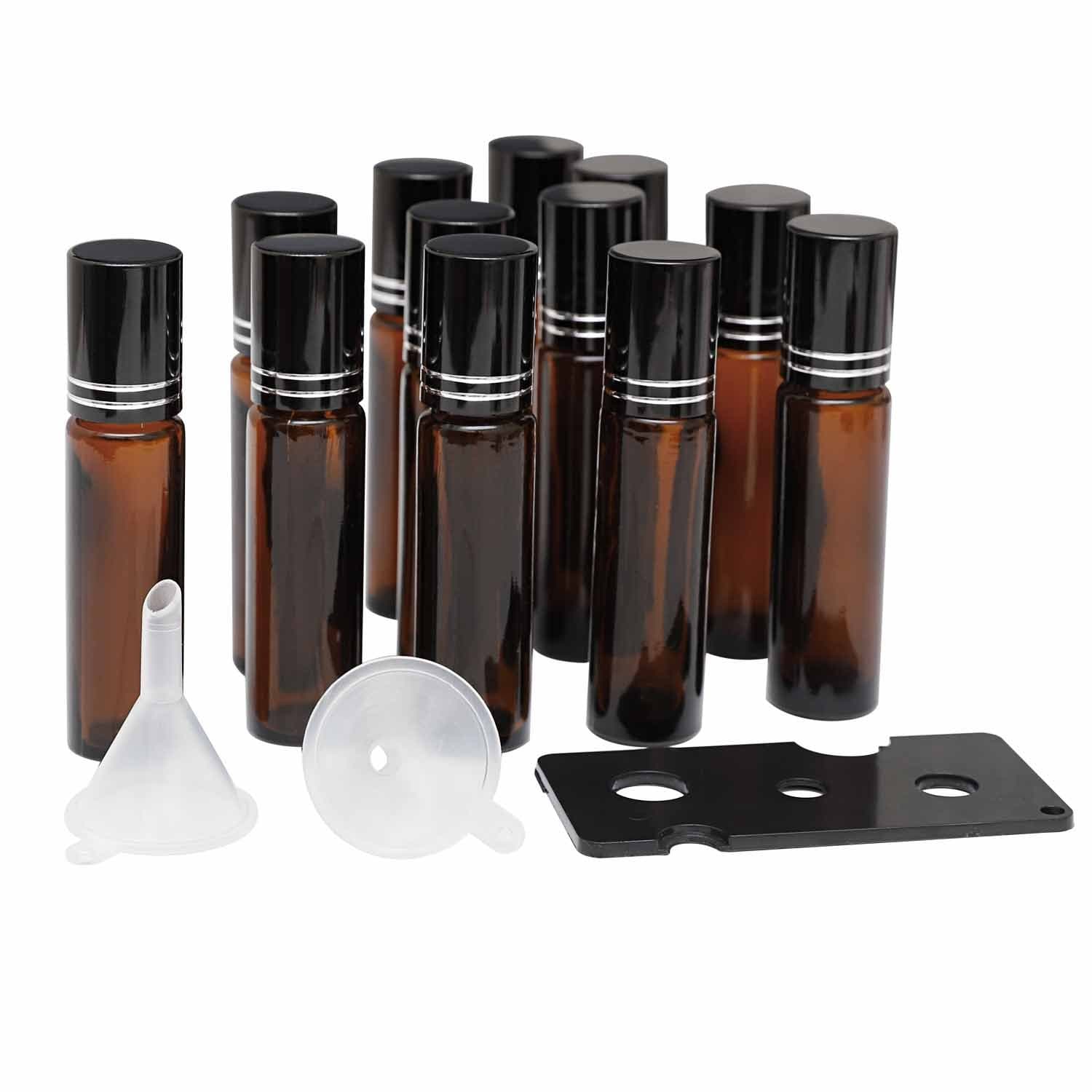 Lemems Glass Roller Bottles with Stainless Steel Roller Balls, Roll-on Bottles for Essential Oil, included 12 Pack of 10ml,Essential Oil Opener, Droppers, and Labels Included