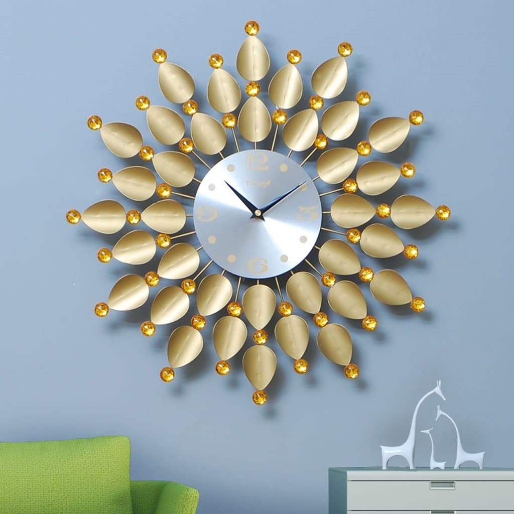 Art wall clock Wall hanging clock living room modern art creative clocks fashion quartz clock silence round large hanging table (Color : Golden large)