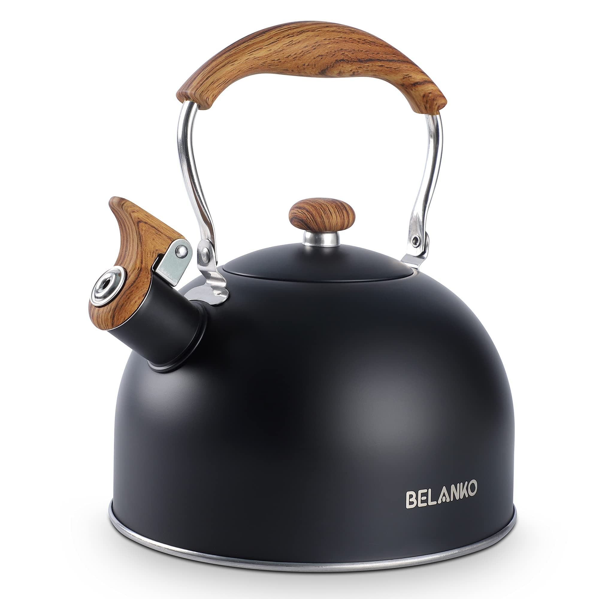 Tea Kettle, BELANKO 85 OZ / 2.5 Liter Whistling Tea Kettle, Tea Pots for Stove Top Food Grade Stainless Steel with Wood Pattern Folding Handle, Loud Whistle Kettle for Tea, Coffee, Milk - Black