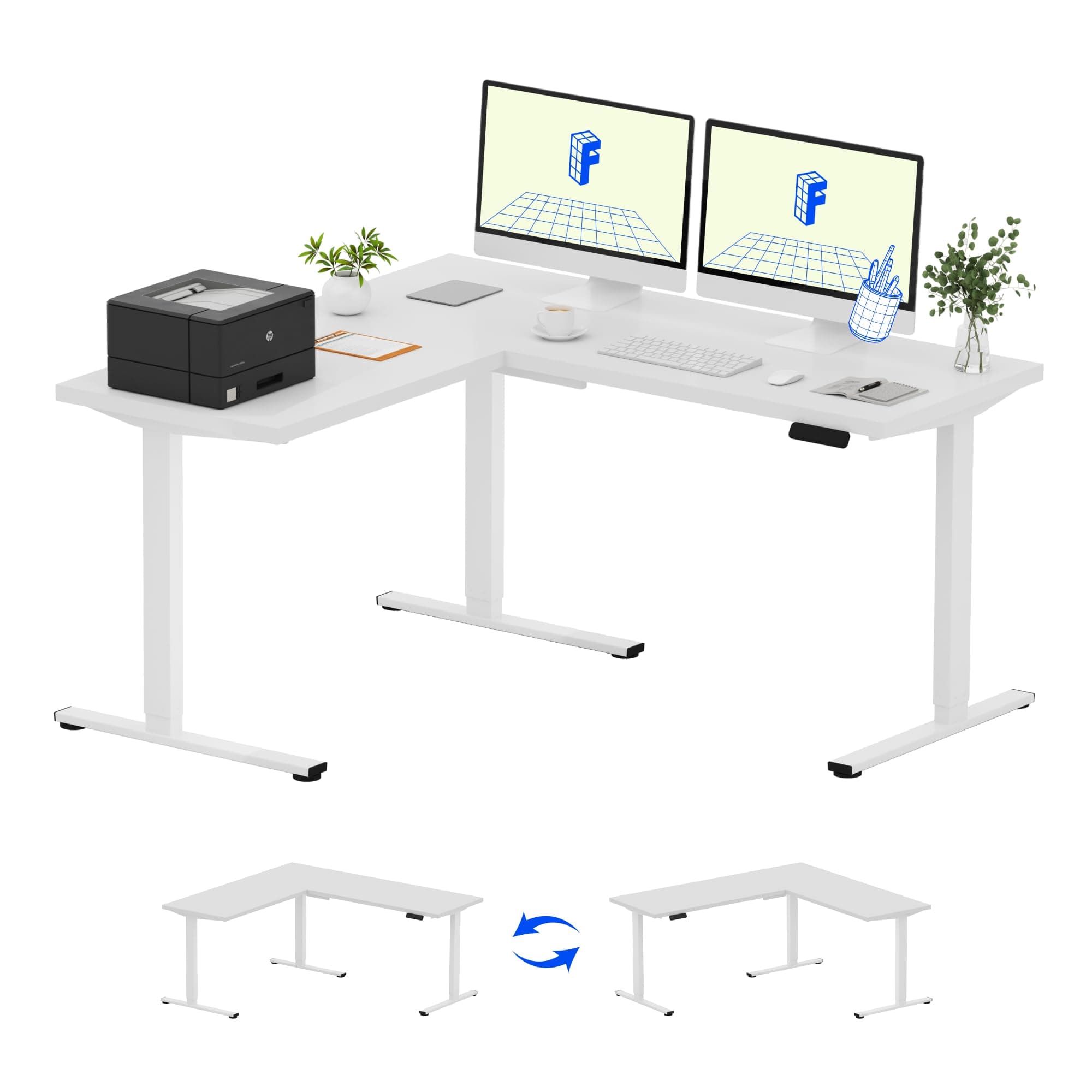 FLEXISPOT L Shaped Standing Desk, 63 x 55 Inch Electric Height Adjustable Corner Desk, Sit Stand Computer Workstation, Preset Controller, Home Office, White Frame with White Top