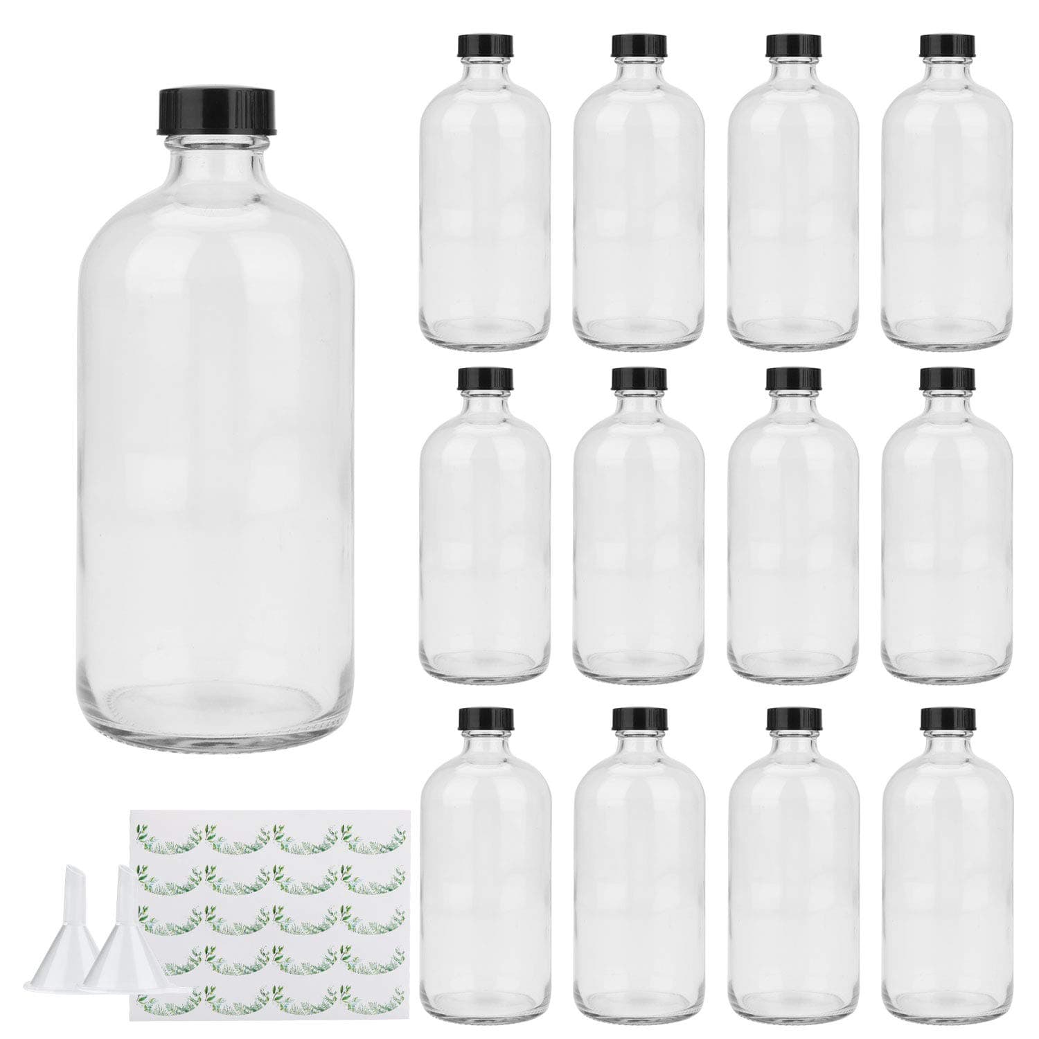 16oz Glass Bottles, 12 Pack Clear Glass Storage Bottles Sets with Lids
