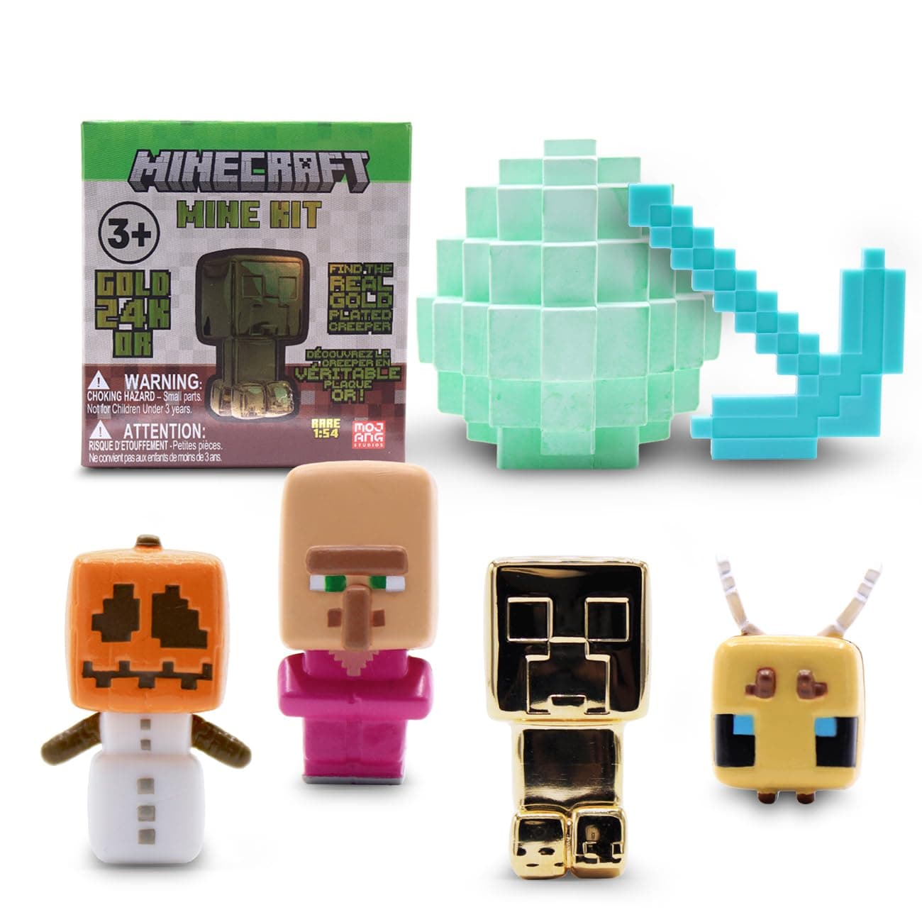 Minecraft Mine Kit – Dig Your Own Mystery Block with Mini‑Figure, Iron Pickaxe, Water‑Soak Mining Activity, Collectible Gold‑Plated Creeper (1‑in‑48), Gift for Kids 3+
