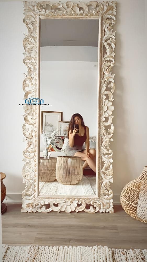 Rectangular Wooden Carved Full Length Mirror Frame | Wall Mount & Floor Standing Frame for Living Room & Bedroom | White Distress Finish | 5 x 2.5 Feet | Mirror Not Included