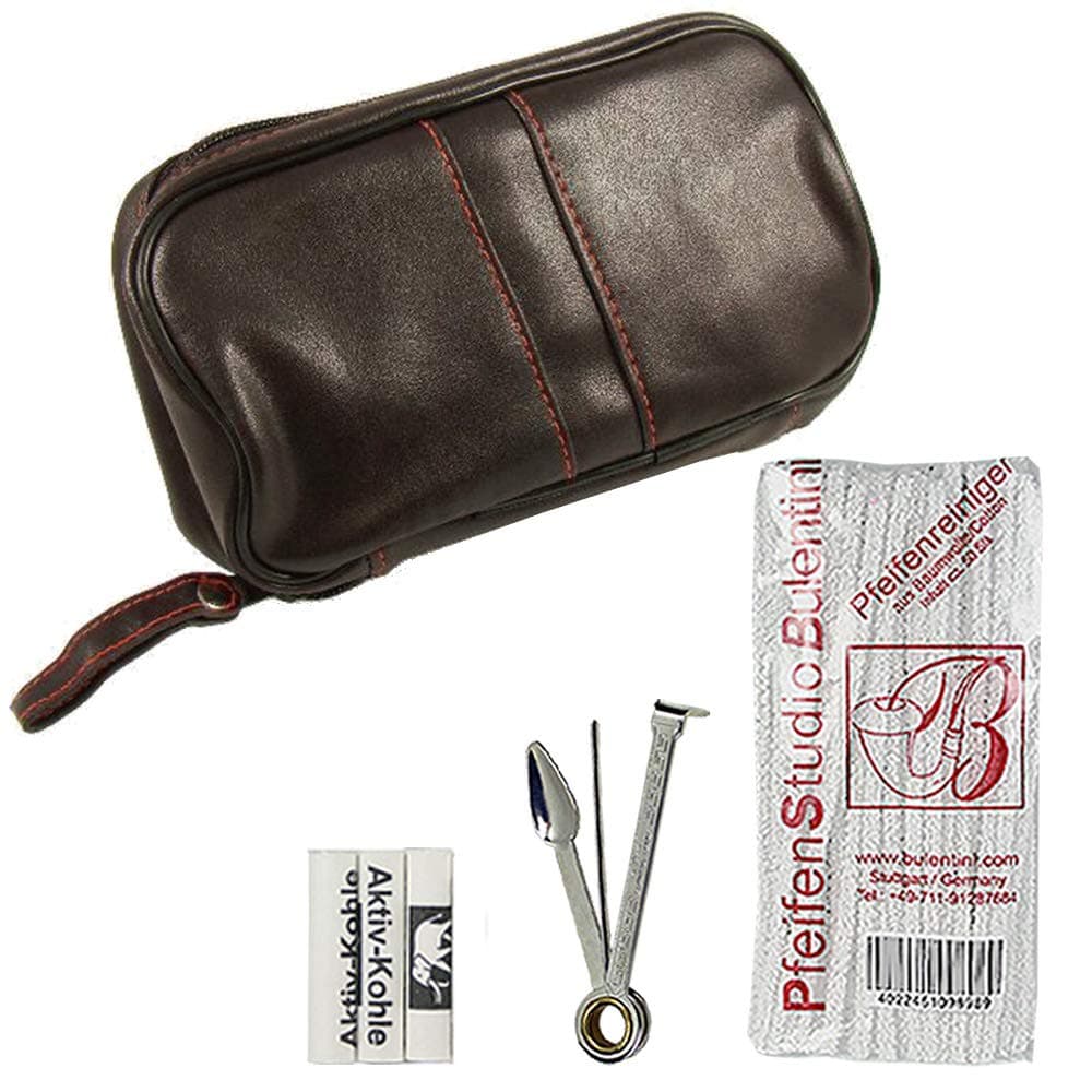 SEPILO York Pipe Case for 2 Pipes Brown in Set Including Whistle Corner, 3 Activated Carbon Filters (9mm) Removable Tobacco Pouch