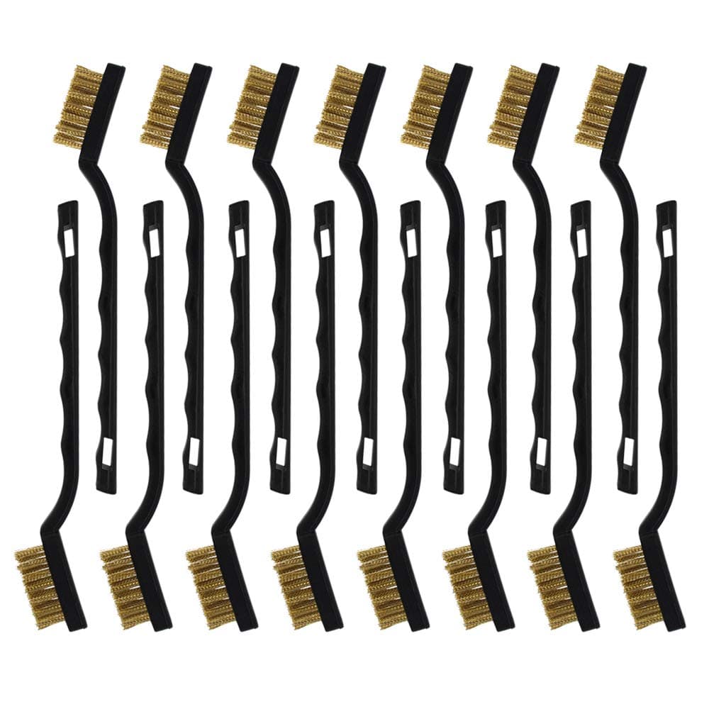 Topbuti 15 Pcs Mini Brass Wire Brush Set for Cleaning Welding Slag Rust, Wire Bristle Scratch Brush Set, Curved Handle Brushes (Brass)