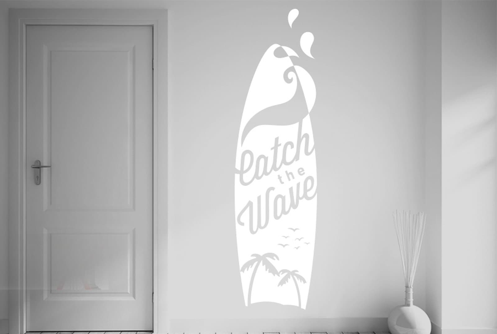 Catch The Wave Surf Board Wall Stickers Art Decals - Large (Height 139cm x Width 38cm) White