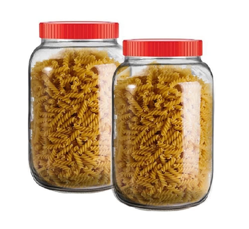 Vency Piramal Glass Jar 2000 ml | Square Jars for kitchen | Transparent Containers for Kitchen Pantry, Flour, Cereal, Masala, Dry Fruits | Airtight Glass Container | Red Cap | Set of 2