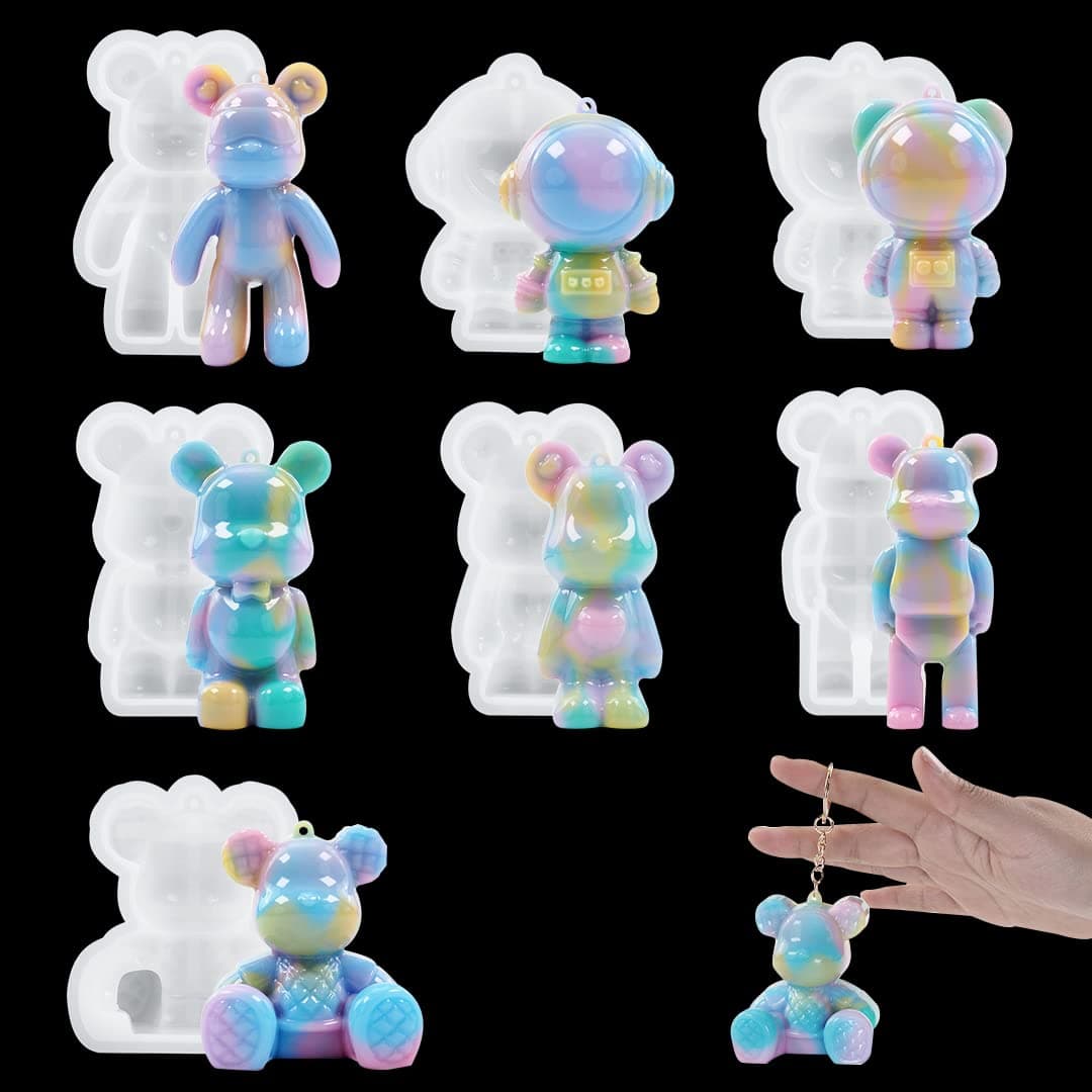 Zayookey 7 PCS 3D Bear Keychain Resin Mold for Epoxy Teddy Bear Pendant Silicone Mold with Hole Jewelry Making Craft Animal Epoxy Casting Molds for Candy Fondant