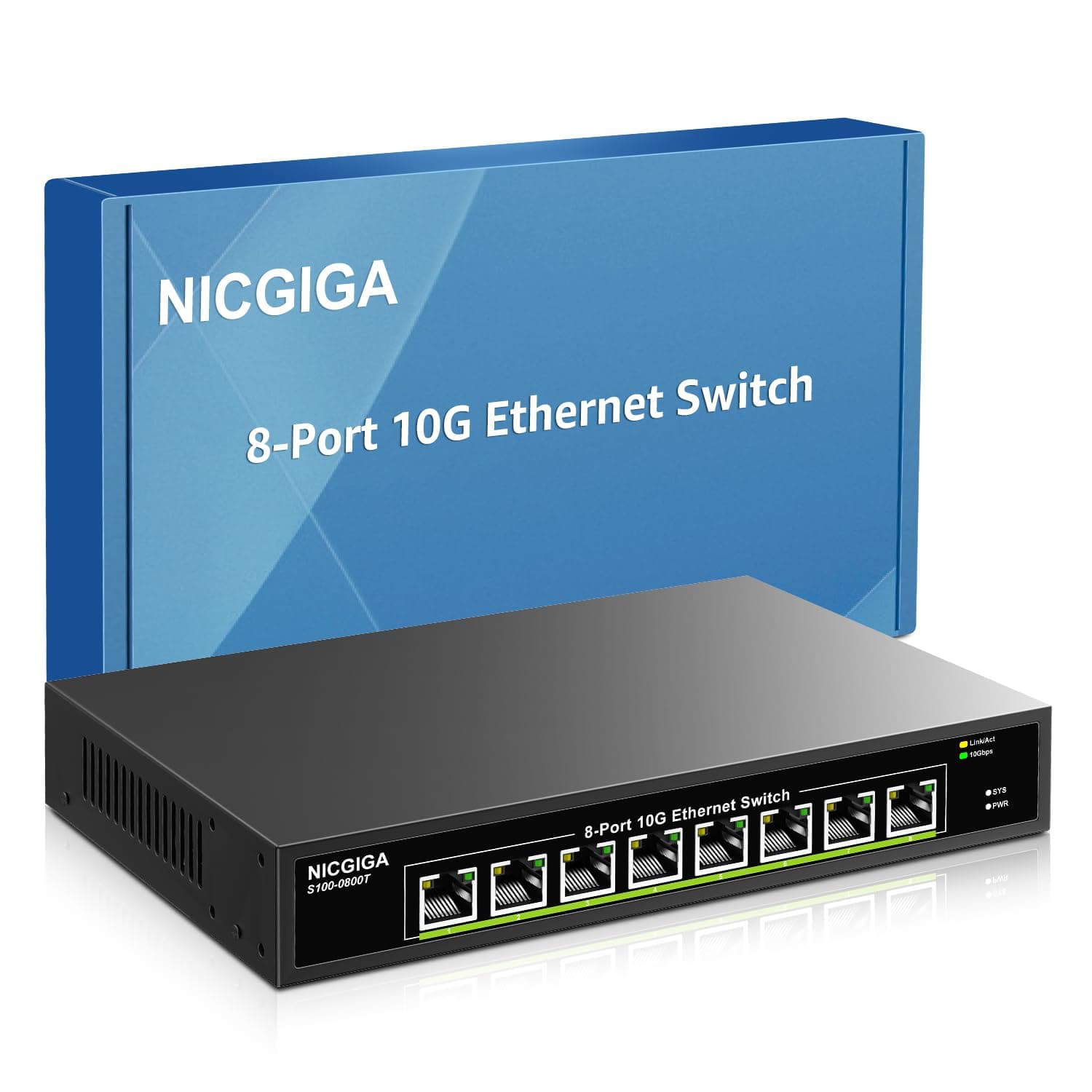 8 Port 10G Ethernet Switch Unmanaged, 8X 10Gb Base-T Port, NICGIGA 10Gbps Network Switch 10G NAS, PC, WiFi 7 Router, 10G Adapter/NIC Desktop or 19" Rackmount, Plug and Play