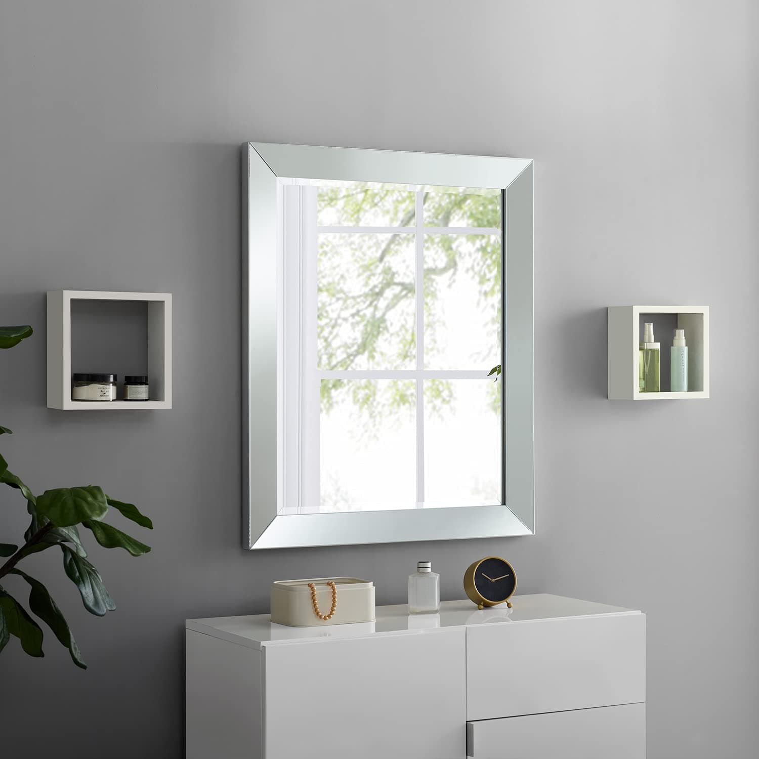 Naomi Home Mirrored Bevel Frame Wall Mounted Beveled Mirror Rectangle Beveled Edge Mirror Large Beveled Bathroom Mirror For Vanity Cloakroom Bedroom Living Room Office, 36"H x 30"W