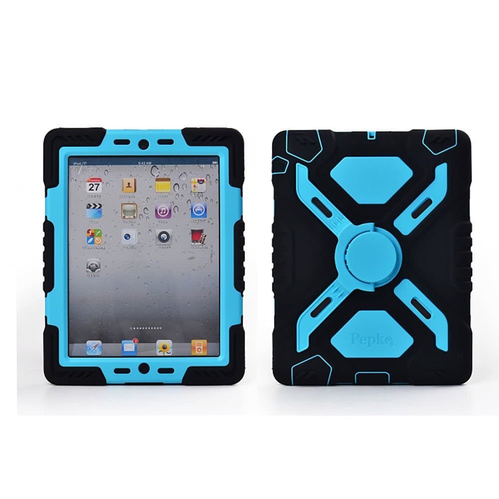PEPKOO Hot Newest Ipad 2/3/4 Case Silicone Plastic Kid Proof Extreme Duty Dual Protective Back Cover with Kickstand and Sticker for Ipad 4/3/2 - Rainproof Sandproof Dust-proof Shockproof (Black/Blue)