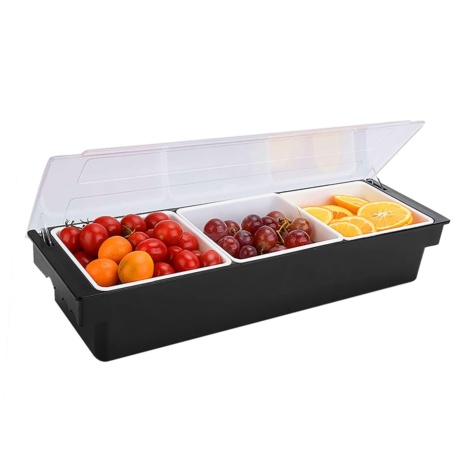 Ice Cooled Condiment Serving Container Fruit Veggie Condiment Caddy Plastic Garnish Station with Lid for Fruit,Ice Cream,Salad Bar-Topping Organizer for Restaurant Supplies (3 Compartments)