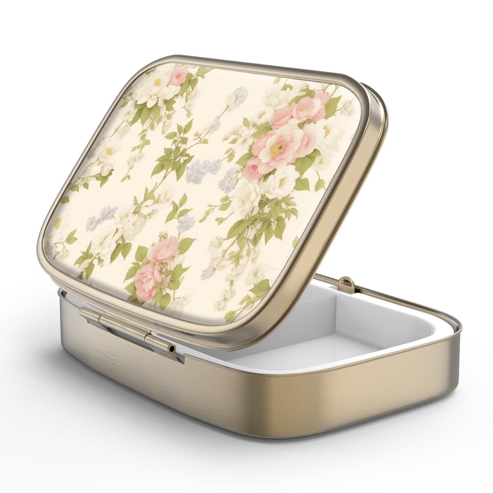 Pill Case Pill Box with Mirror Retro 2 Compartment Small Pill Case for Purse or Pocket Bronze Rectangular Pill Box or Vitamins, Fish Oil, Supplements, Pill Containe Travel Gifts(Vintage Floral)