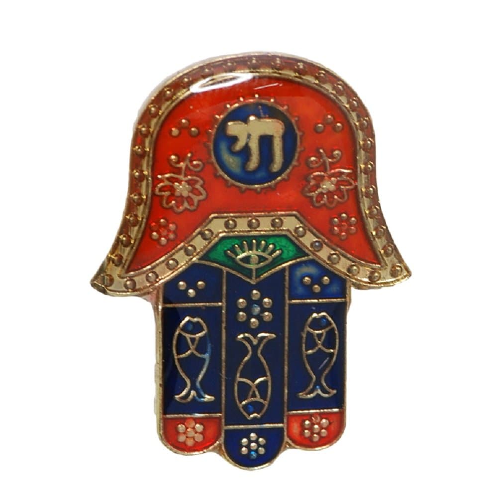 Jerusalem Silver Shop Evil Eye Lucky Hamsa Chai & Fish Enamel Badge Lapel PIN Israel Judaica Gift