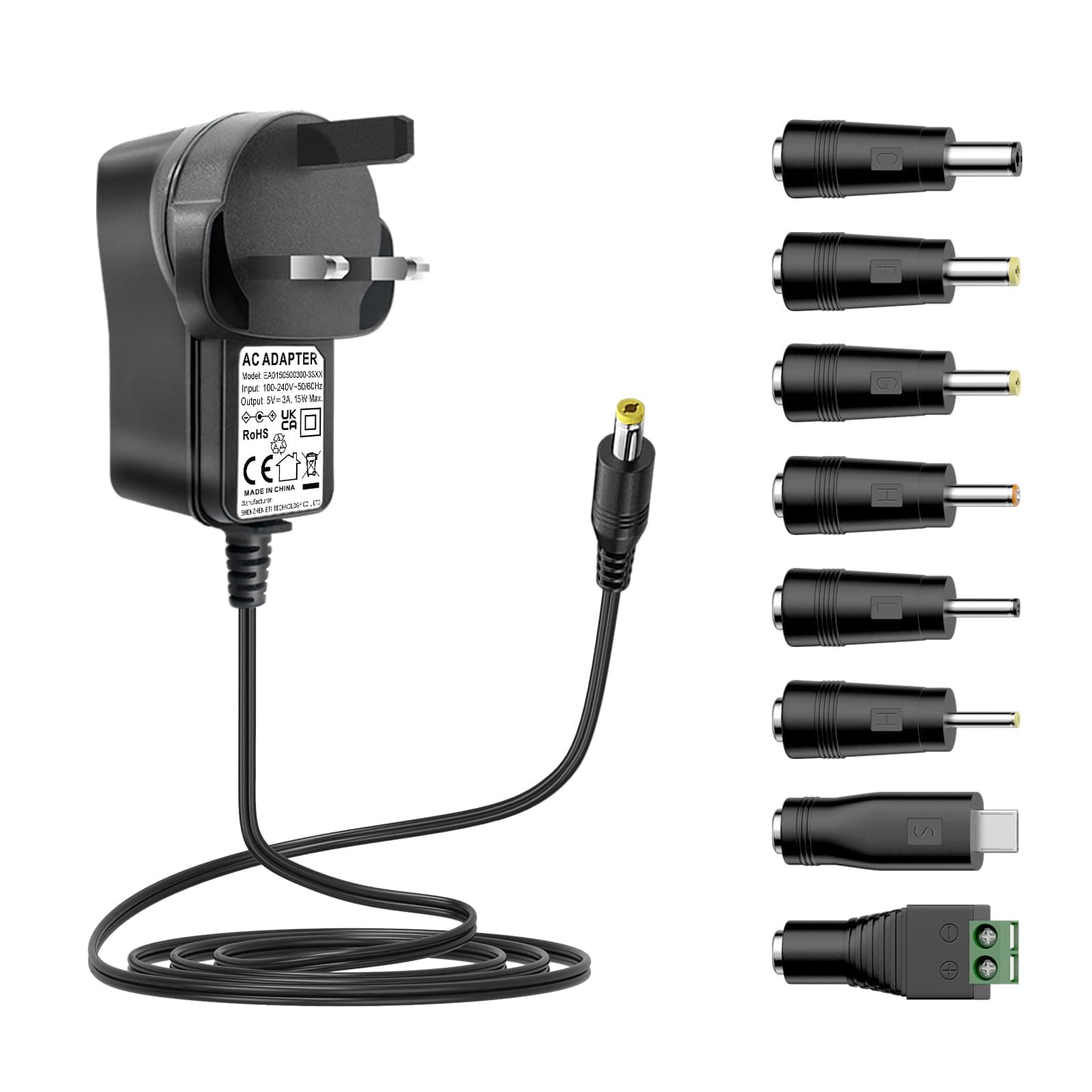 Zolt 5V 3A Power Supply, AC DC 5V Power Adapter Transformer with 8 DC Plugs for Household Electronics, 15W Max.