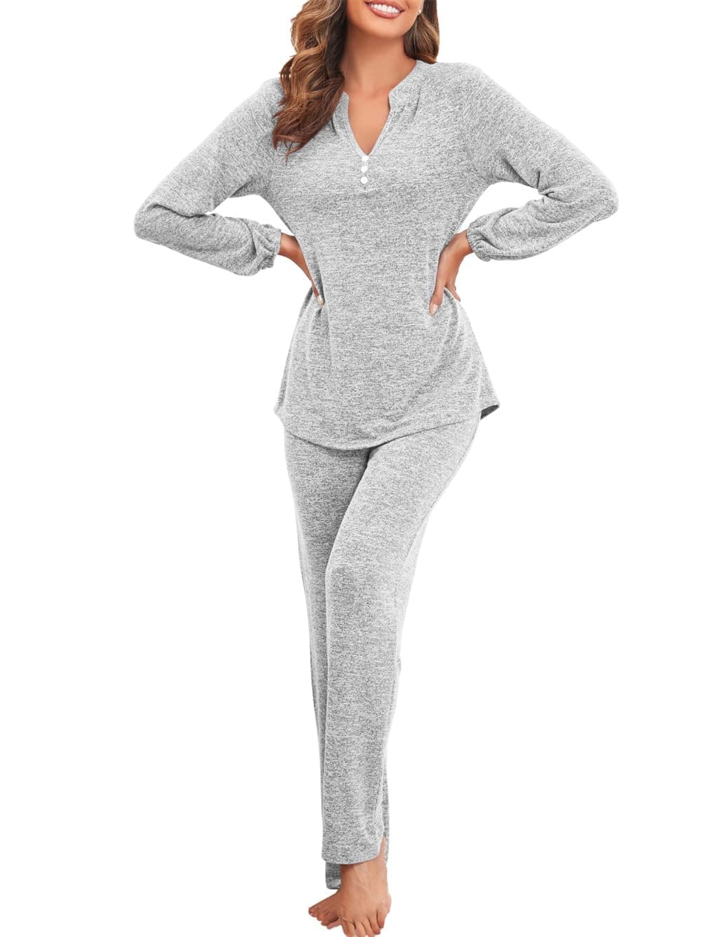 Women's Pyjama Sets Long Sleeve Front V Neck Button Tops and Long Pant Nightwear with Elastic Cuffs S-XXL