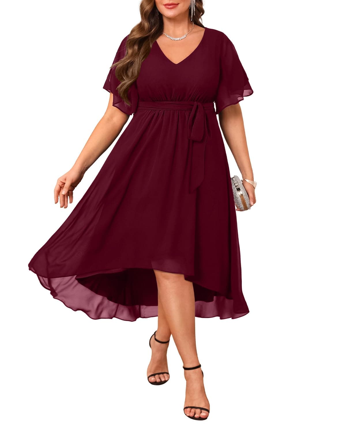 Plus Size Dresses Wedding Guest - Formal Cocktail Chiffon V Neck Short Sleeve High Low Dress Curvy Women