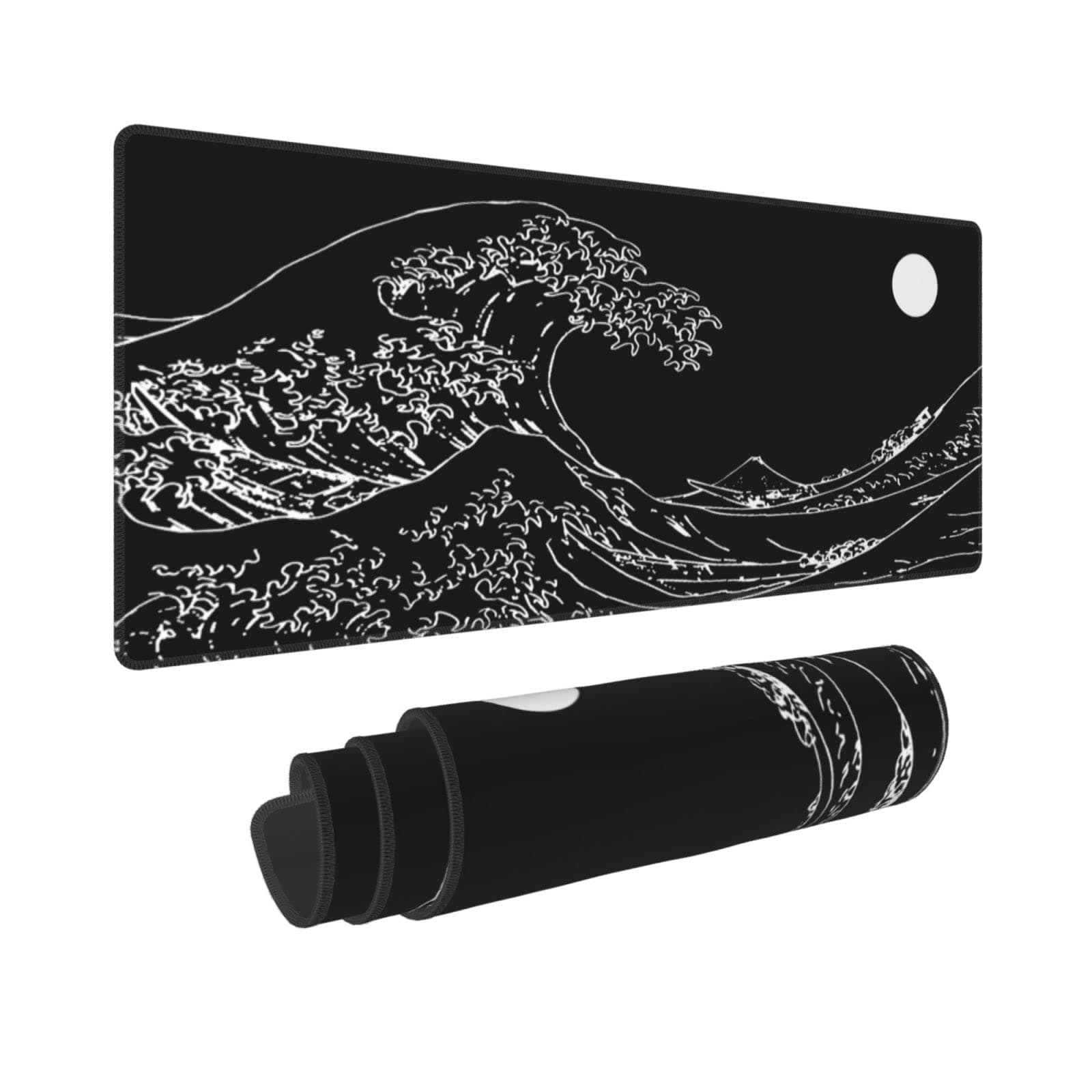 Black and White Japanese Sea Wave Mouse Pad,Extended Large Gaming Mouse Pads 31.5x11.8 in,Japanese Kanagawa Desk Mat,Laptop Mousepad Non-Slip Rubber MousePads for Office Home Travel