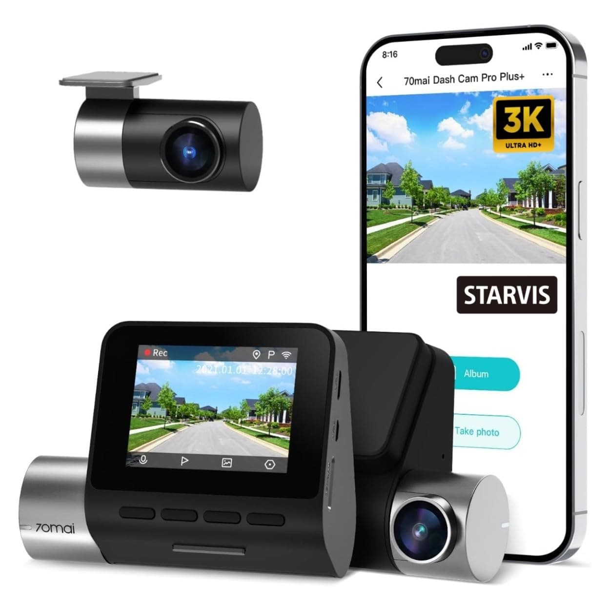 Pro Plus+ A500S Dual Channel Car Dash Cam, 5MP Sony STAVIS IMX335 Sensor, 3K Front & Full HD Rear, Refined ADAS, Built-in GPS Logger, Night Owl Vision, 70mai App, Optional Parking Mode