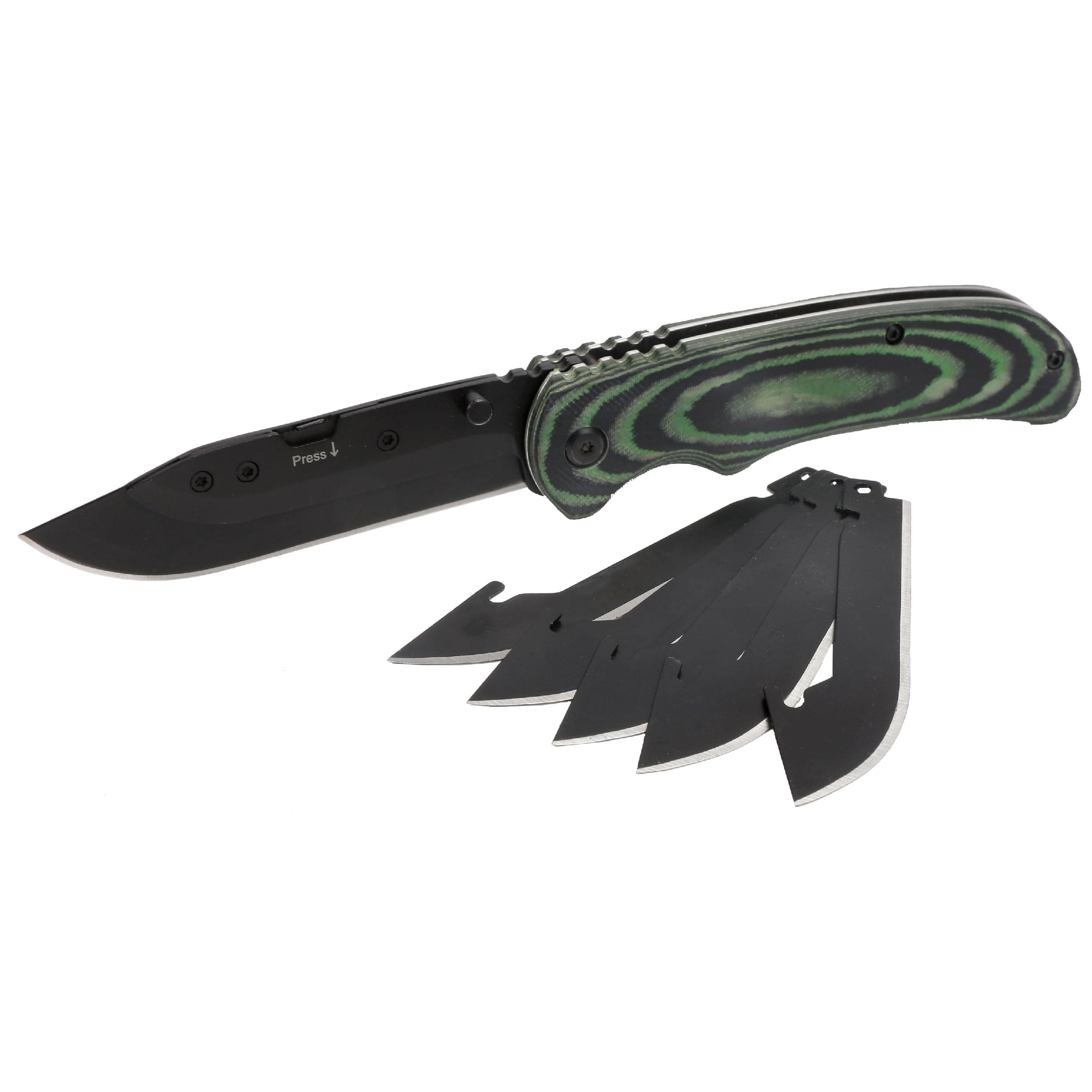 HME Scalpel Skinning Folding Liner-Lock Knife 3.5" with Replaceable Black Drop Point Stainless Steel Blades, Micarta Handle, Black & Green