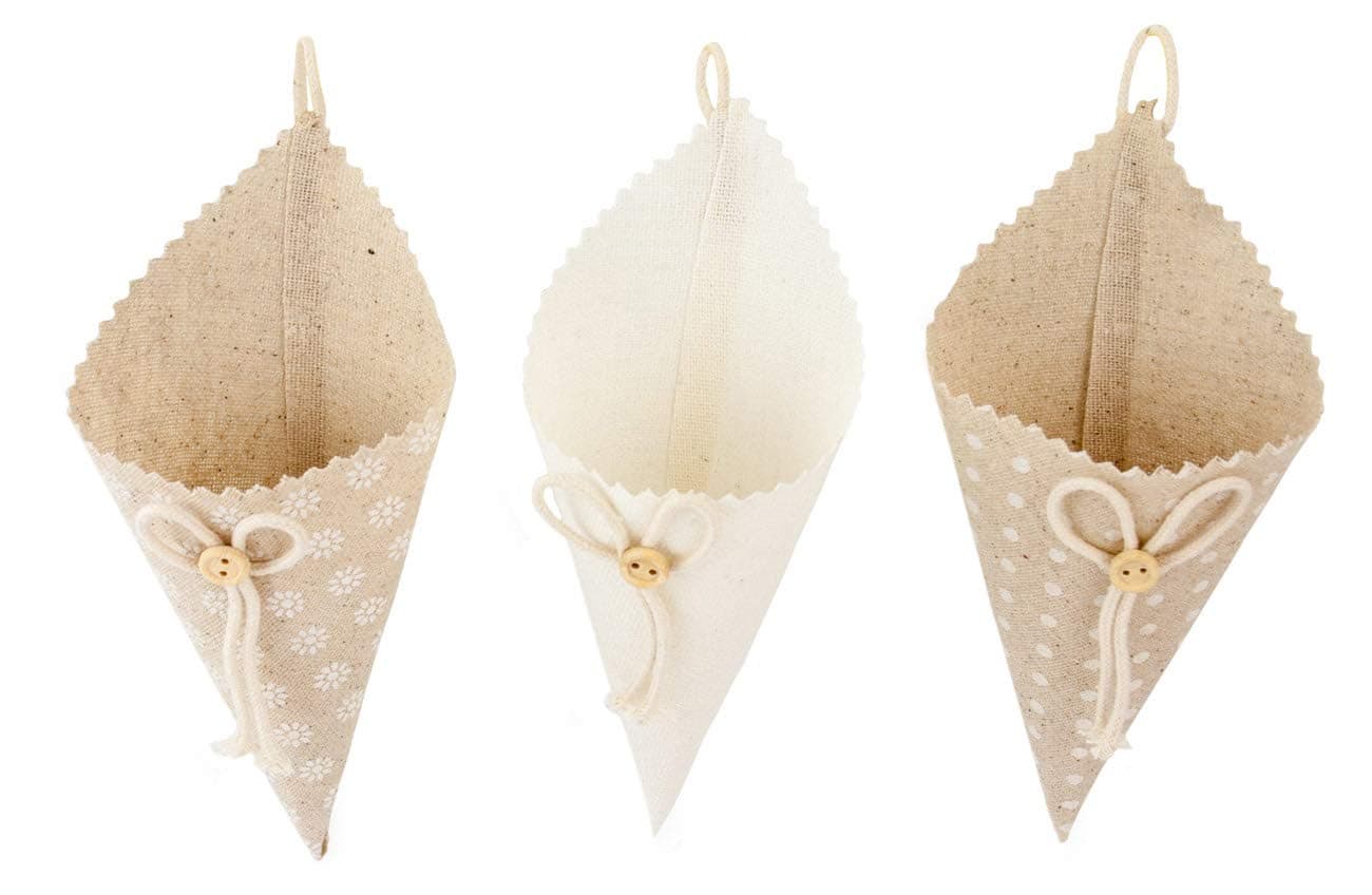 3 x Decorative Jute Bag with Ribbon for Hanging, Textile, Diameter 6 cm x 18 cm, Gift Pouch Cloth Bag Sack Bag Country House