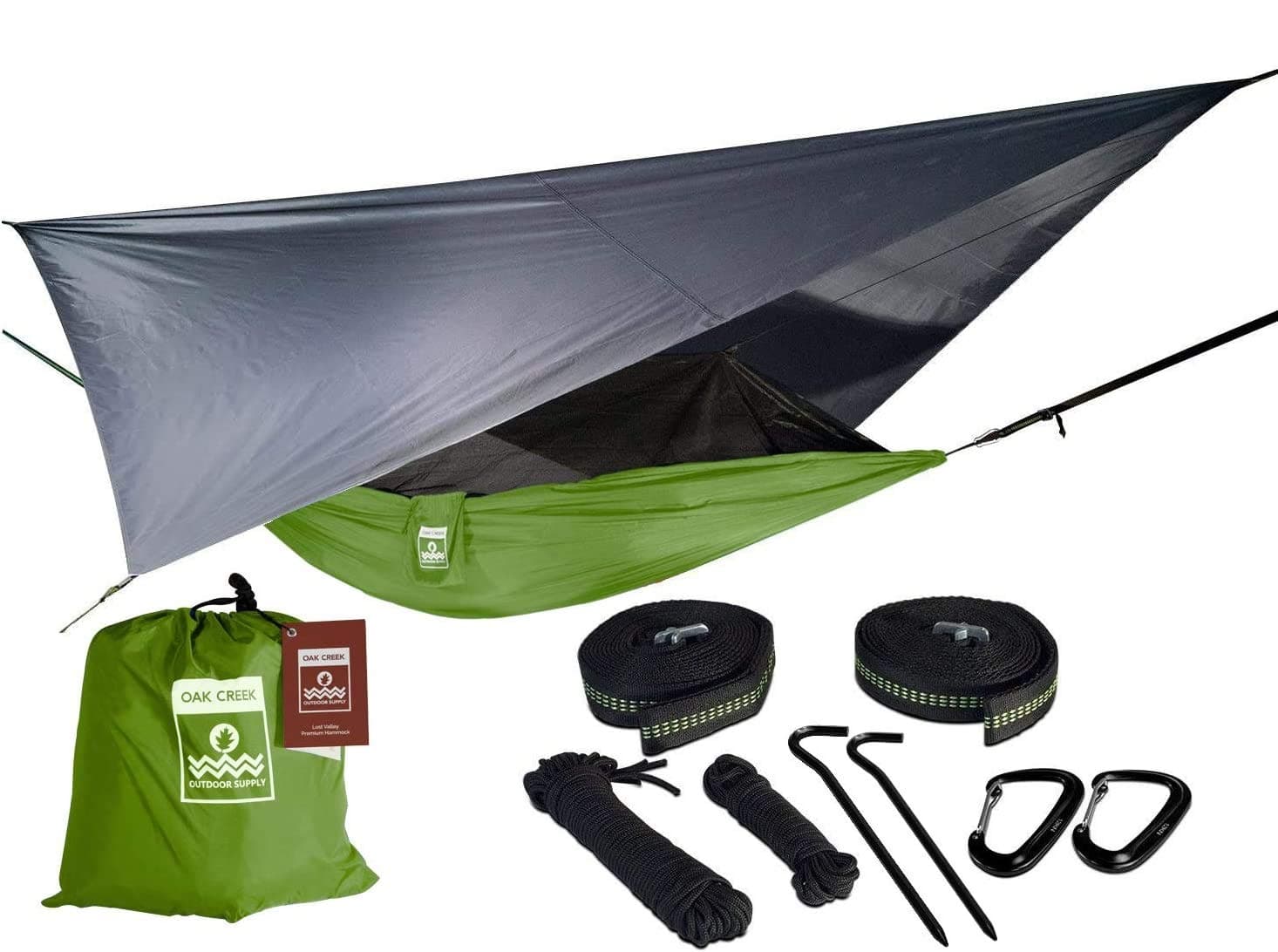 Oak Creek Camping Hammock and Accessories. Complete Package with Mosquito Bug Net, Rain Fly, Tree Straps. Great for Hiking, Backpacking, and Travel. Weighs Only 4 Pounds. Kiwi Green and Gray.