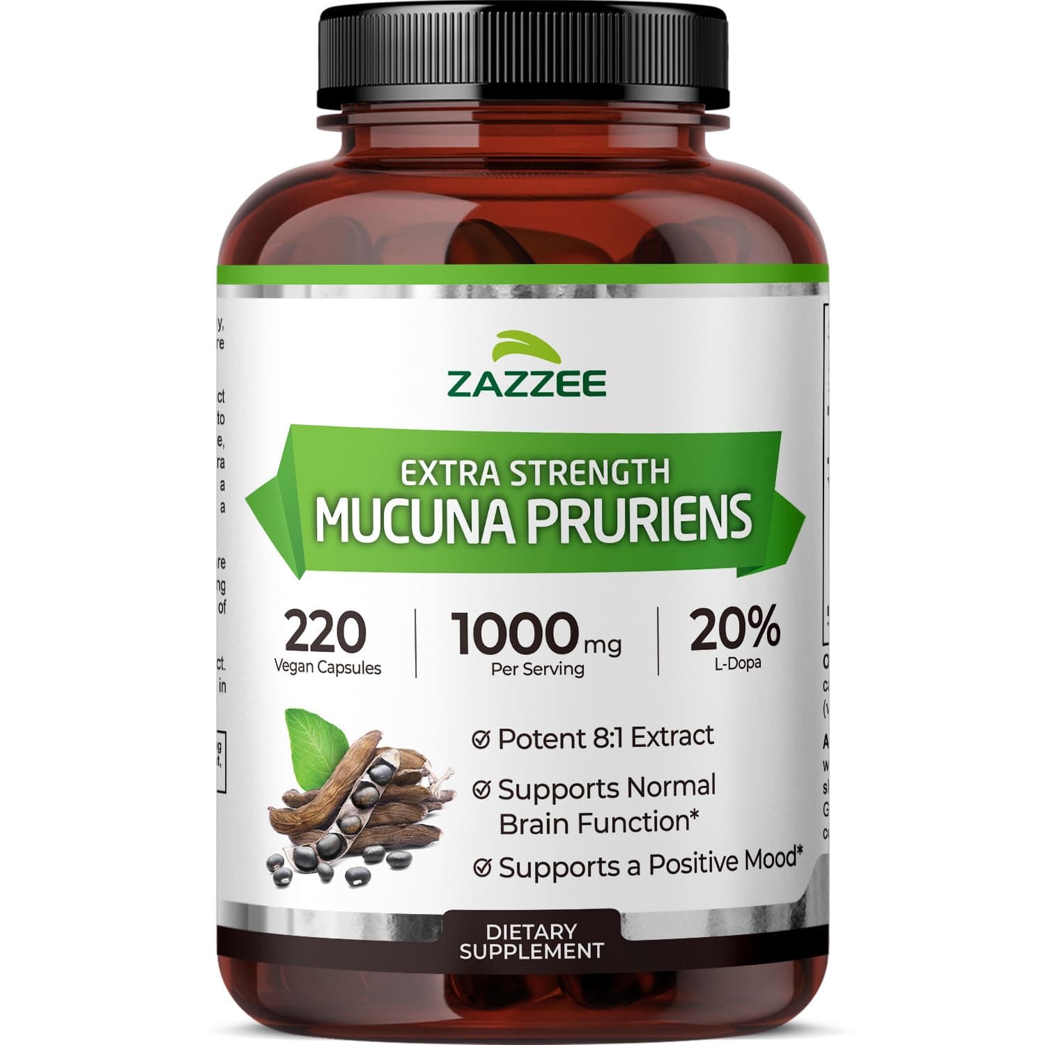 - Zazzee Extra Strength Mucuna Pruriens 8:1 Extract, Minimum 20% L-Dopa, 1000 mg, 220 Vegan Capsules, 110 Day Supply, Concentrated and Standardized 8X Extract, 100% Vegetarian, All-Natural and Non-GMO
