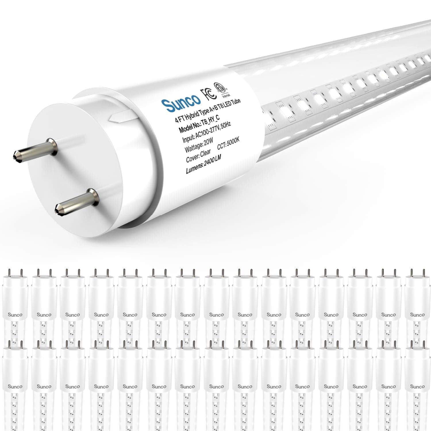 Sunco 30 Pack T8 LED Bulbs 4 Foot, 48 Inch Tube Light Bulbs Fluorescent Replacement, Single or Double Ended Hybrid Type A+B, 2400 LM, 20W, 5000K Daylight, Clear Lens ETL.