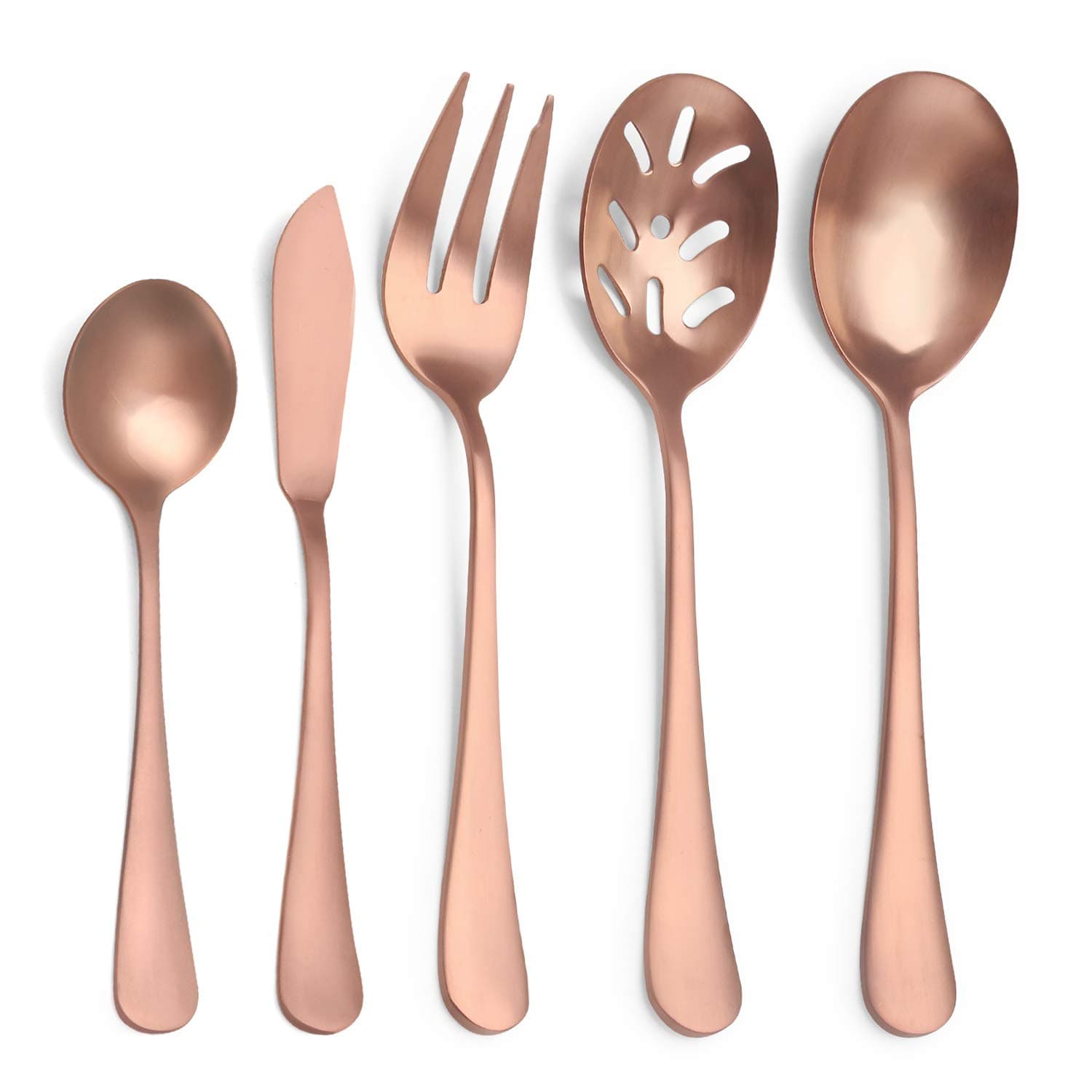 Matte Rose Gold Serving Set,SHARECOOK 5-Piece 18/0 Stainless Steel Large Hostess Set with Round Edge, Satin Finished, Dishwasher Safe -Spoons, Forks,Butter Knife& Slotted Spoon