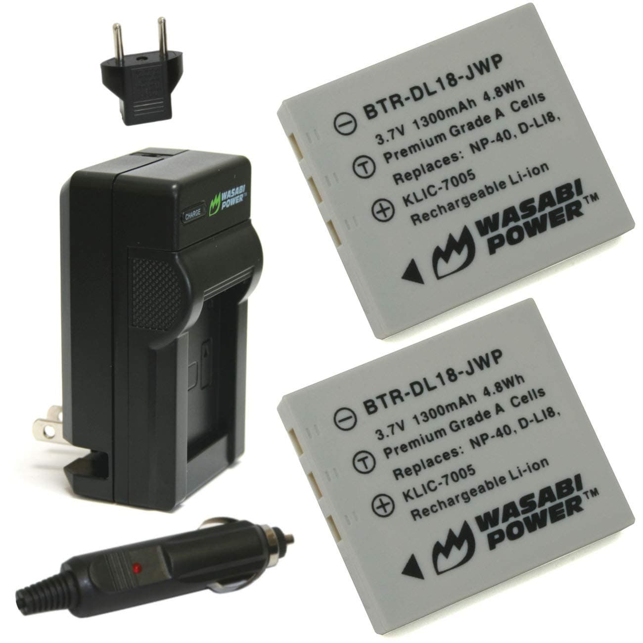Battery (2-Pack) and Charger for Pentax D-LI8, D-LI85, D-L18 and Pentax Optio A10, A20, A30, A36, A40, E65, L20, S, S4, S4i, S5i, S5n, S5z, S6, S7, SV, SVi, T10, T20, W10, W20, WP, WPi, X
