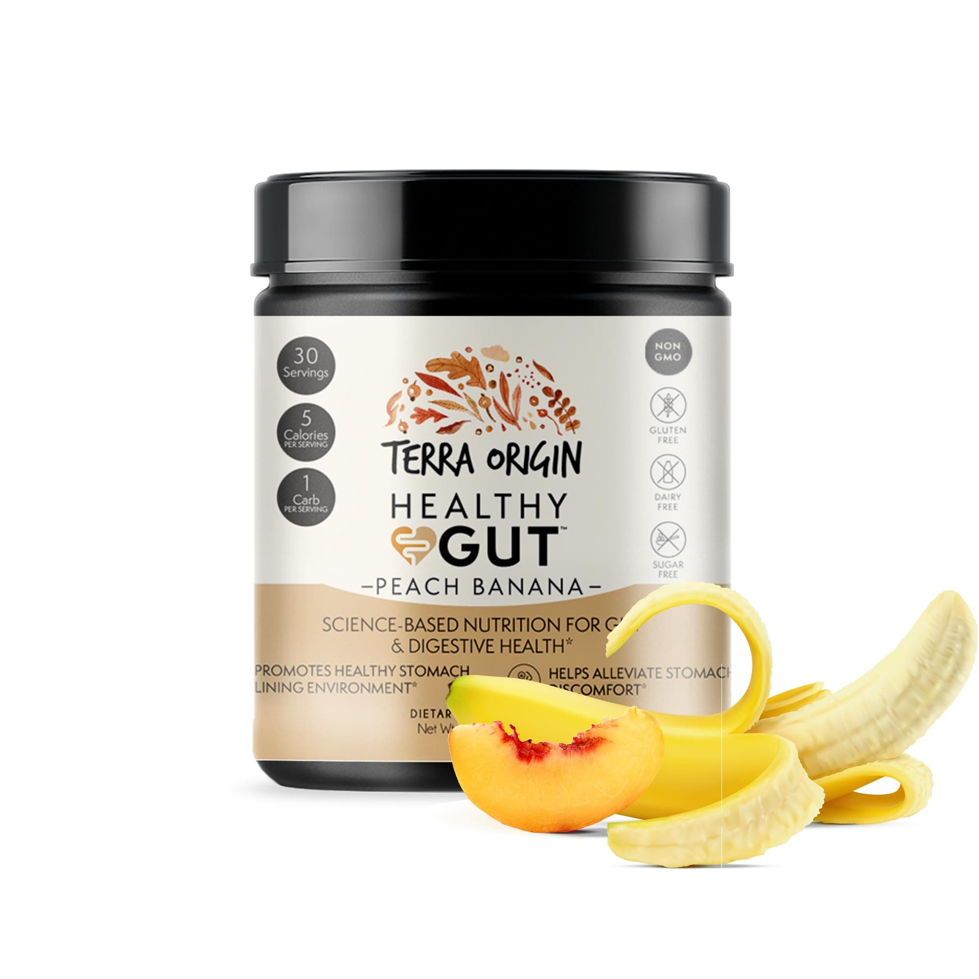 TERRA ORIGIN Healthy Gut Peach Banana | 30-Servings with L-Glutamine, Zinc, Glucosamine, Slippery Elm Bark, Marshmallow Root and More!