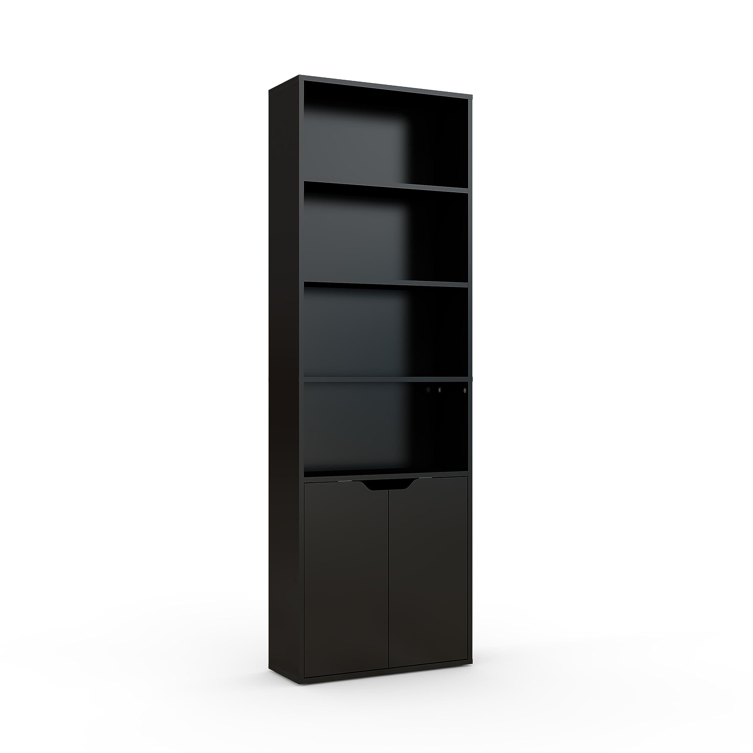 Panana 6 Tier Bookcase with 2 Doors, Wooden Cube Shelves Soild Wood Tall Bookshelf Storage Cupboard Organizer Display Free Standing Unit (Black)